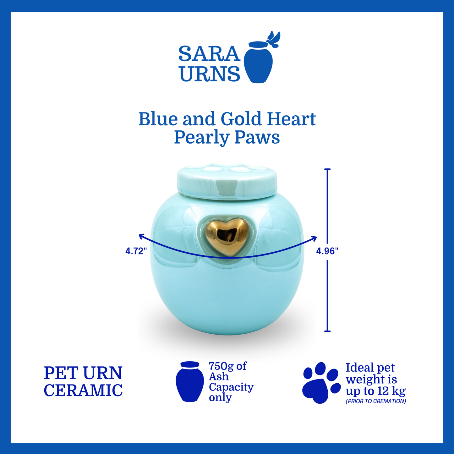 A blue ceramic pet urn that is specified as 4.72 inches in width and  4.96 inches tall with an ash capacity of 750 grams.