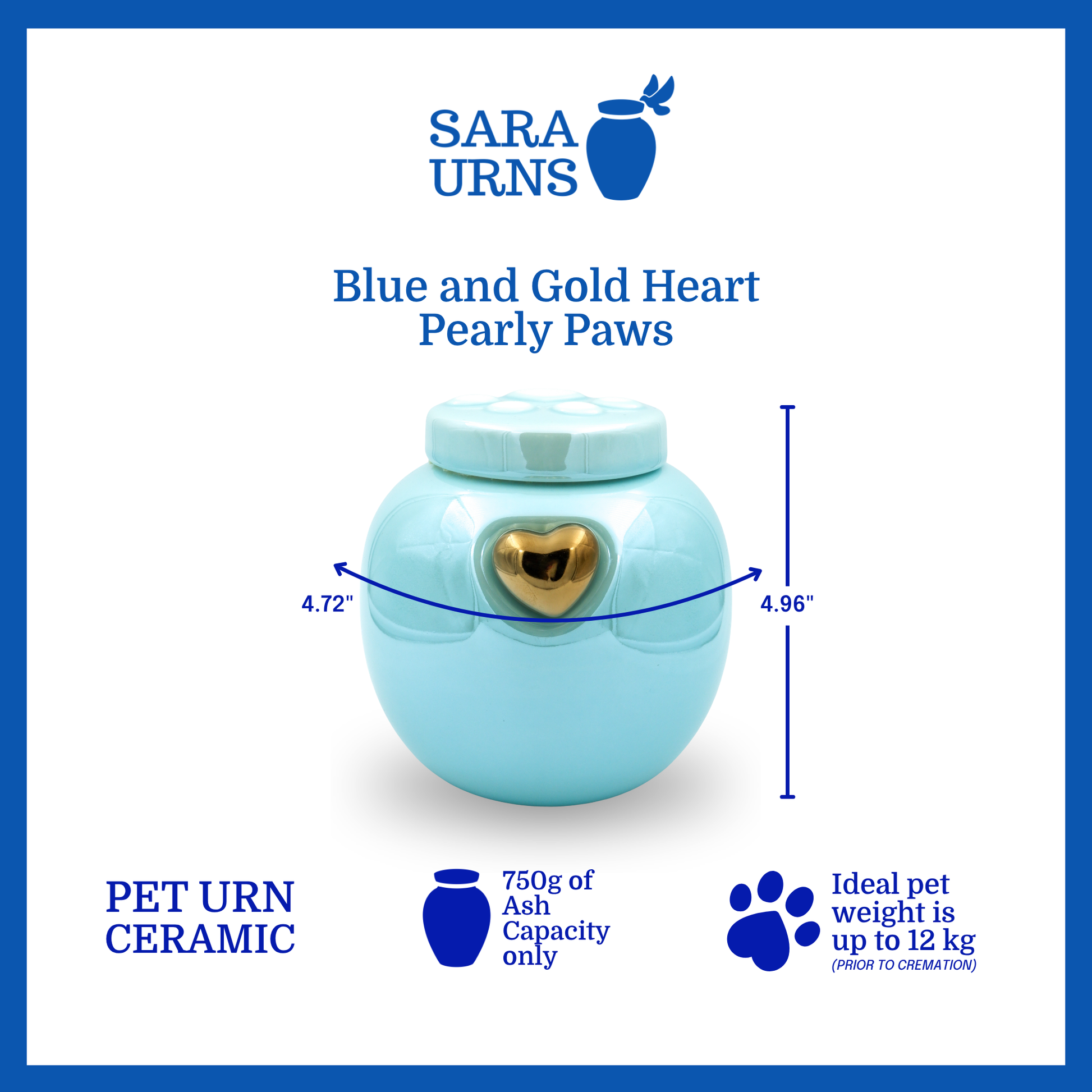 A blue ceramic pet urn that is specified as 4.72 inches in width and  4.96 inches tall with an ash capacity of 750 grams.