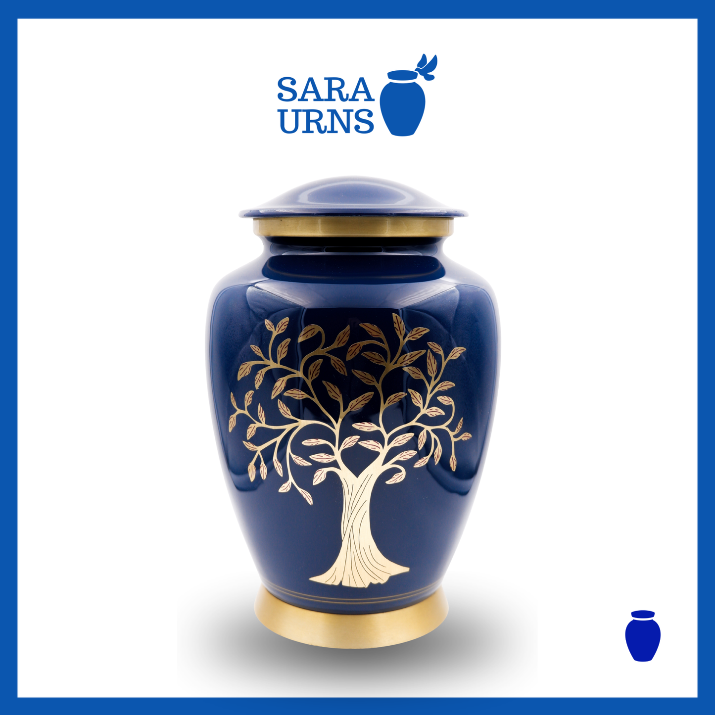 A blue polished aluminum metal urn with a golden, hand-etched tree of life detail over a white background.