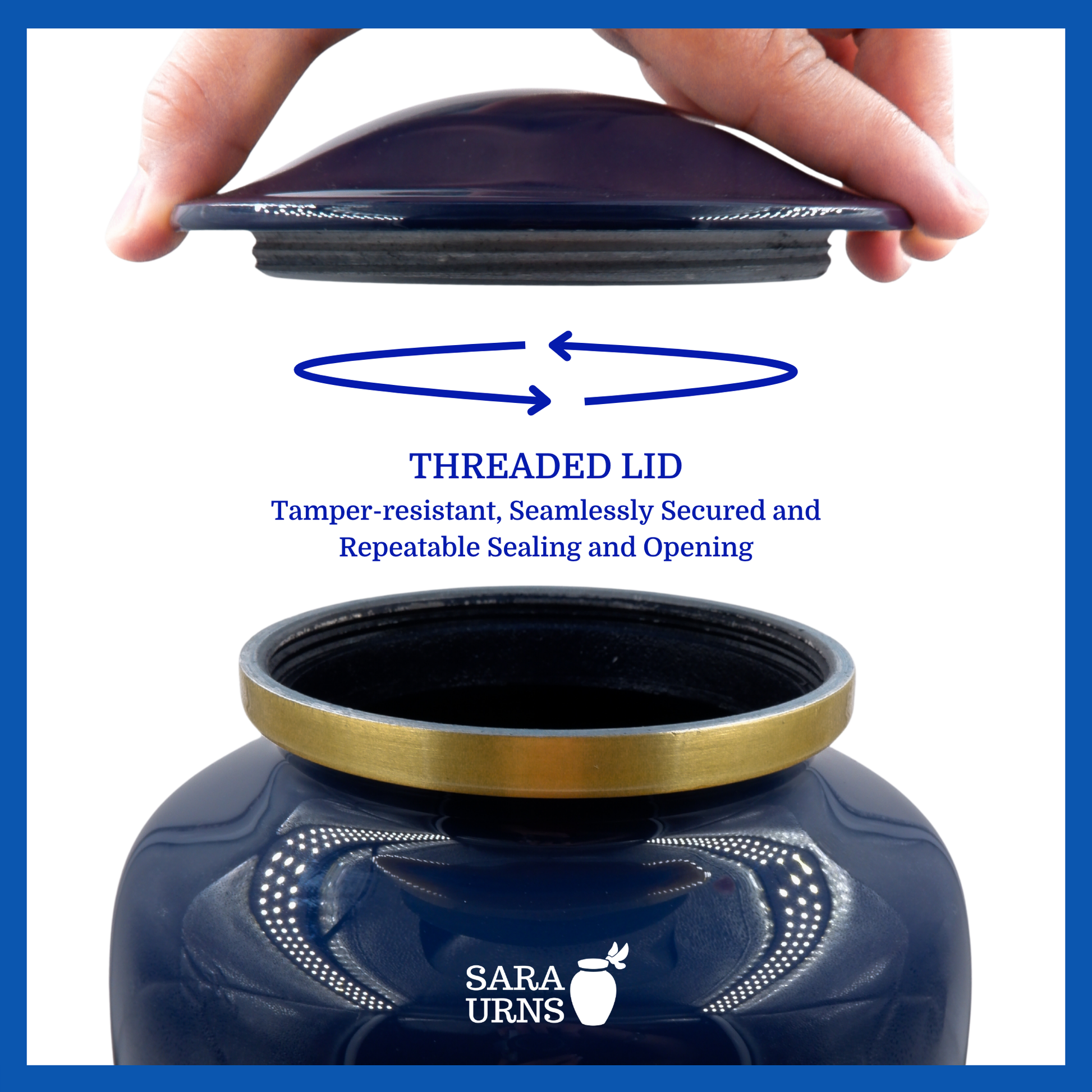 A presentation of a blue polished aluminum metal urn’s threaded lid which highlights its safety and security.