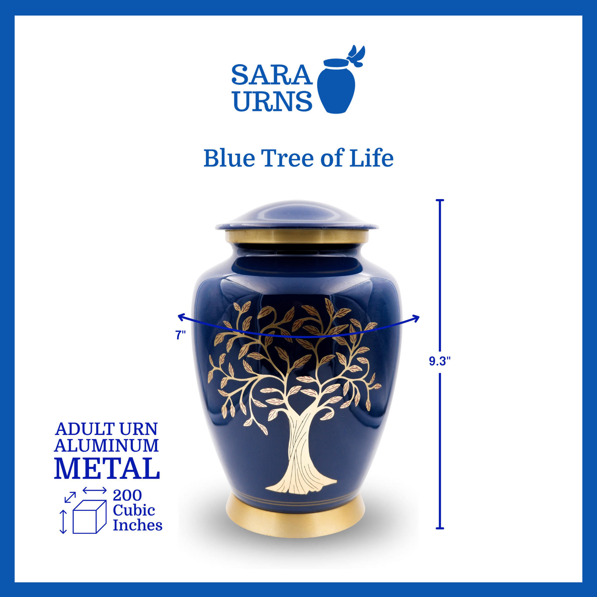 A blue polished aluminum metal urn with a golden, hand-etched tree of life detail that is specified as 7 inches in diameter, 9.3  inches tall and is 200 cubic inches.
