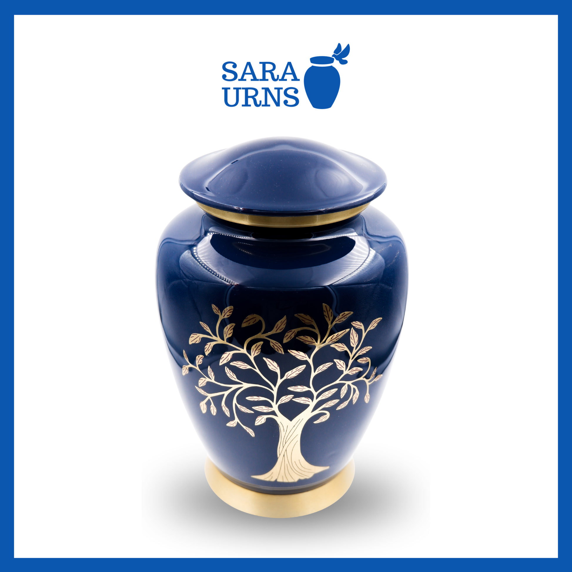 A higher angle of a blue polished aluminum metal urn with a golden, hand-etched tree of life detail over a white background.