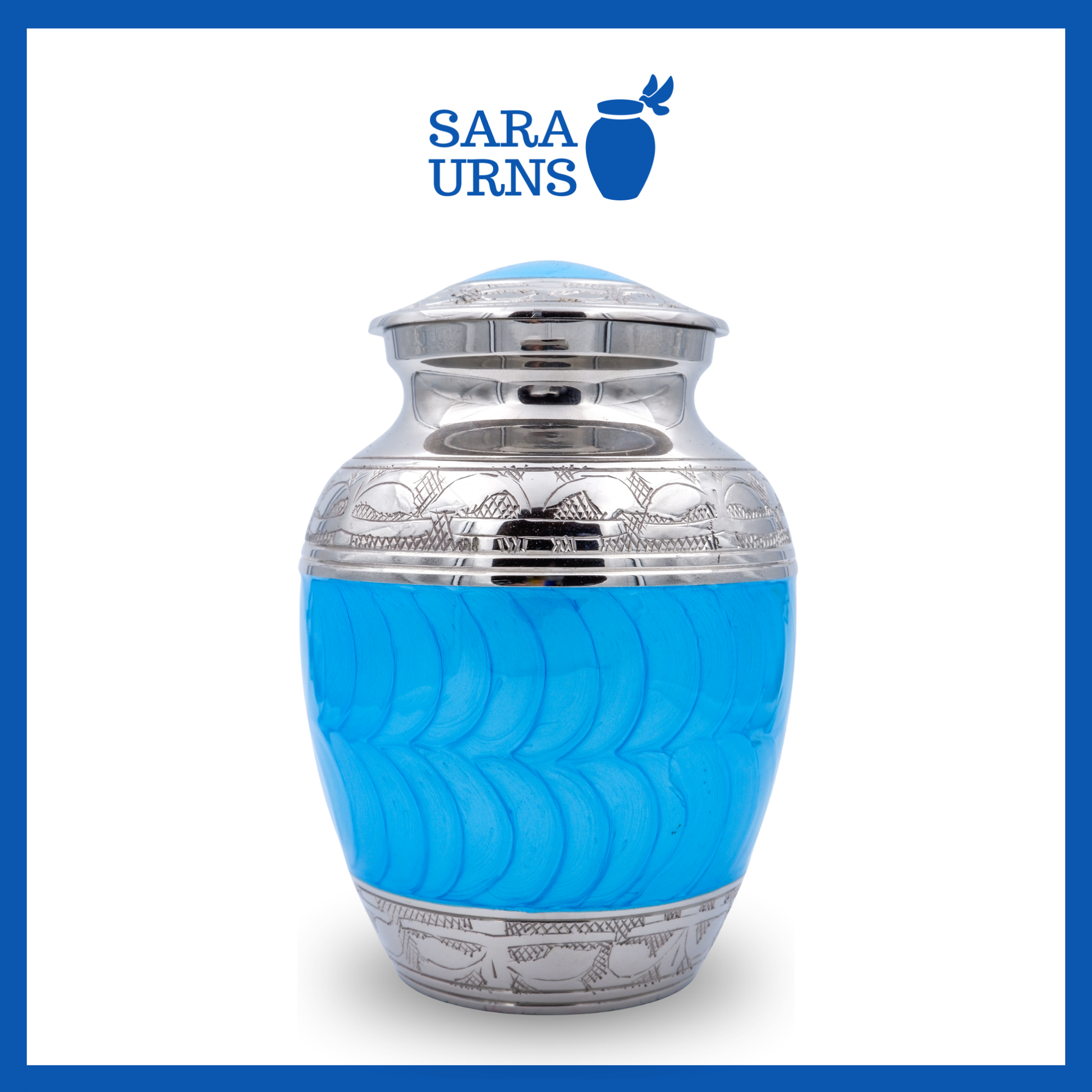 A close-up angle of a bright blue polished brass metal baby urn which highlights its enamel finish and silver hand-etched details.