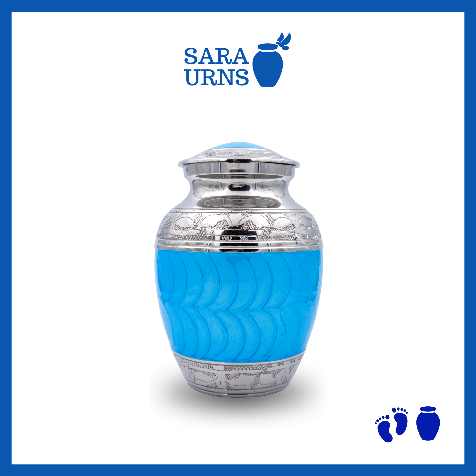 A bright blue polished brass metal baby urn with an enamel finish and hand-etched details over a white background.