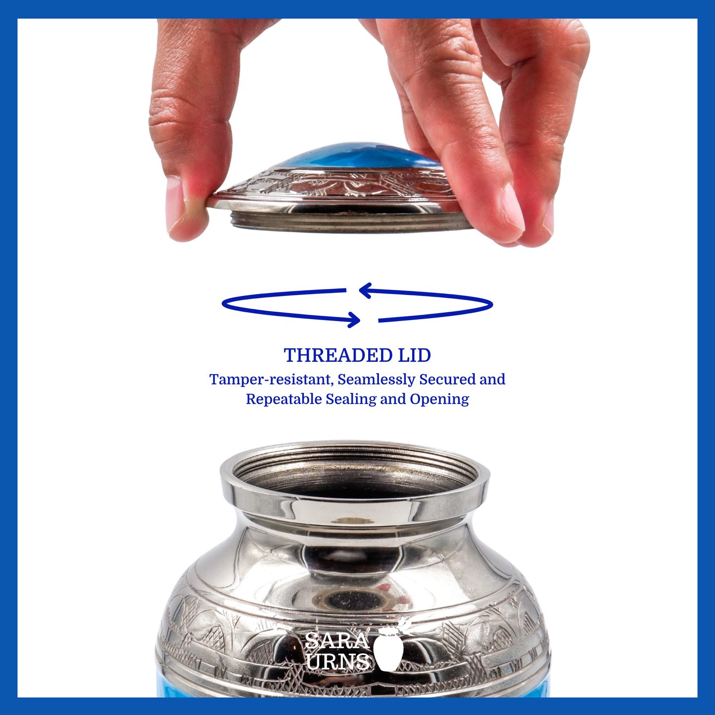 A presentation of a bright blue polished brass metal baby urn’s threaded lid which highlights its safety and security.