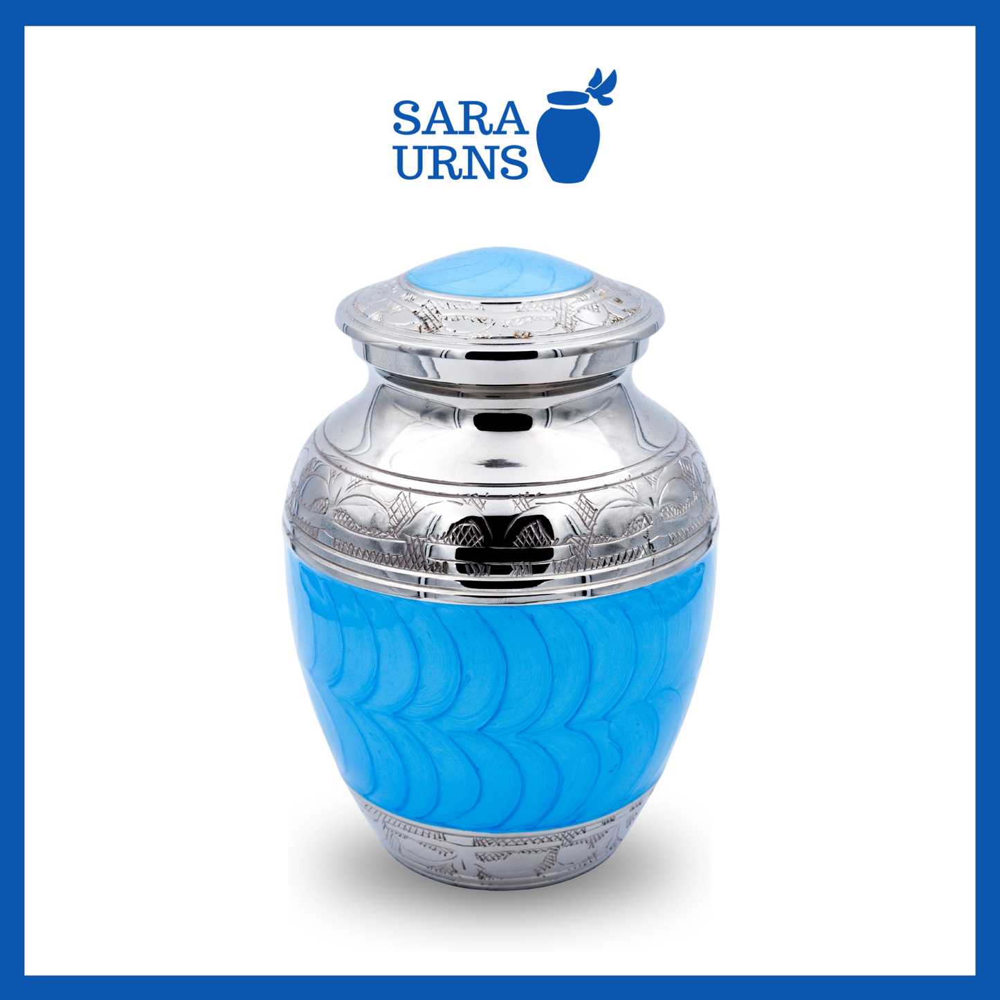 A higher angle of a bright blue polished brass metal urn with an enamel finish and silver hand-etched details over a white background.