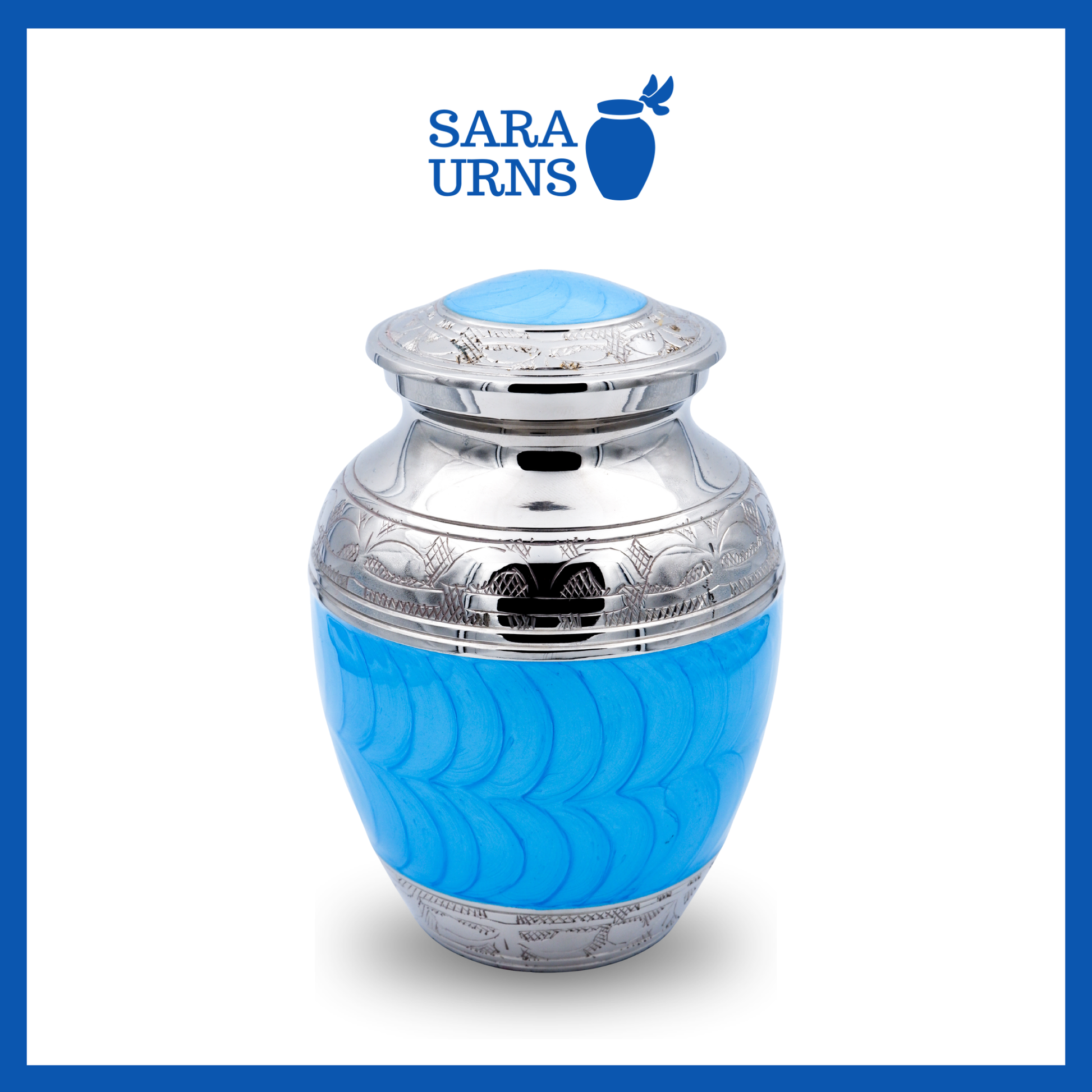 A higher angle of a bright blue polished brass metal urn with an enamel finish and silver hand-etched details over a white background.