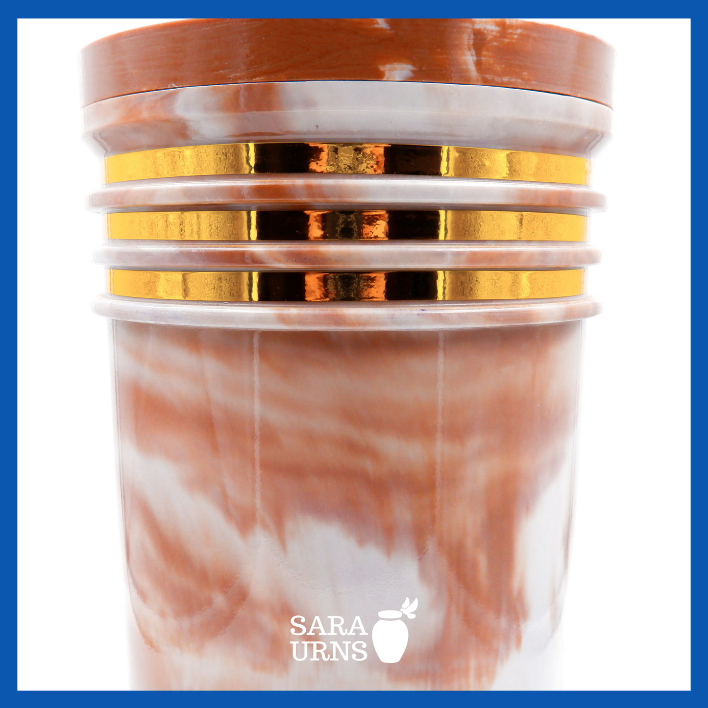 A close-up angle of a brown cultured marble urn which highlights its abstract, liquid marble pattern and gold detail.