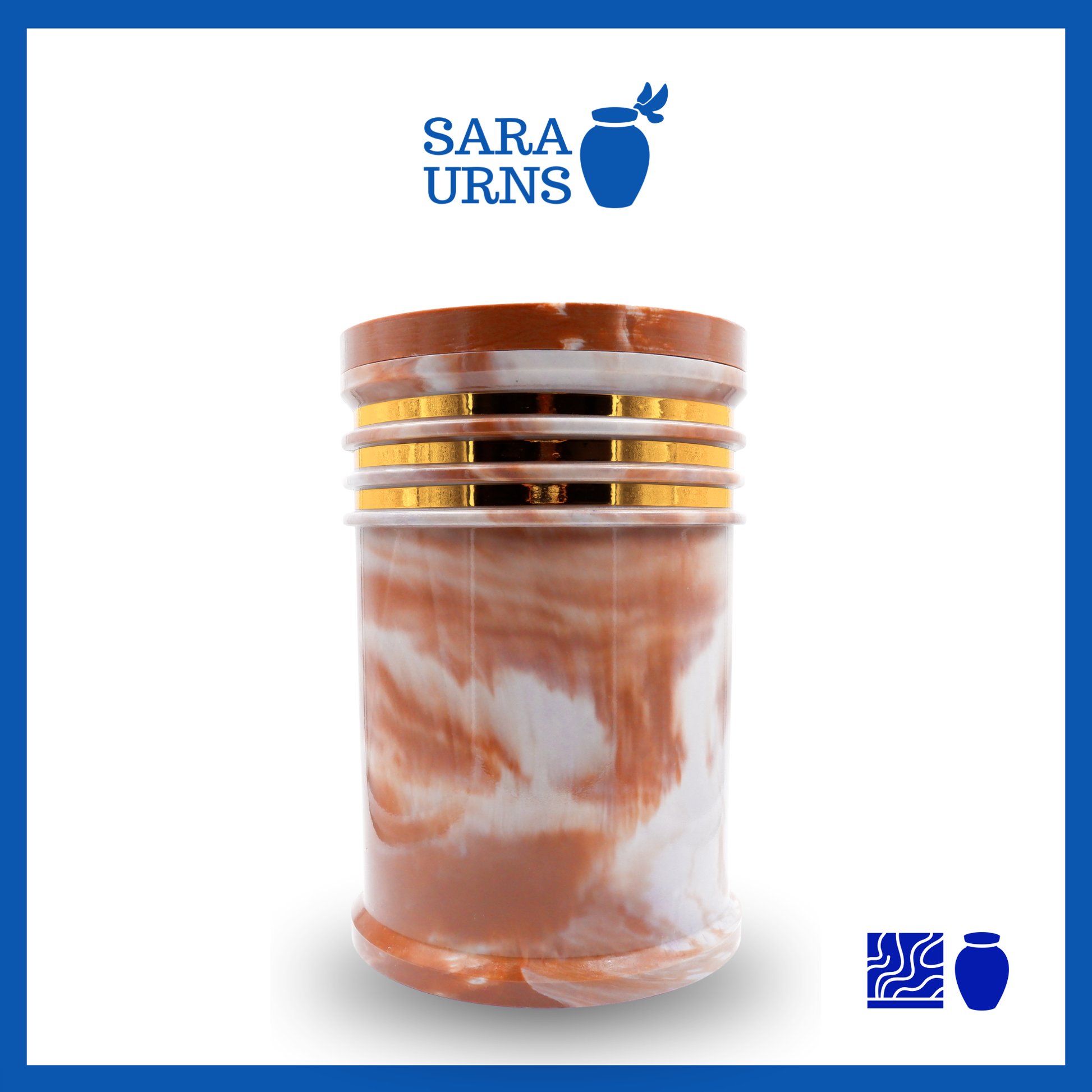 A polished brown cultured marble urn with an abstract, liquid marble pattern and gold detail over a white background.