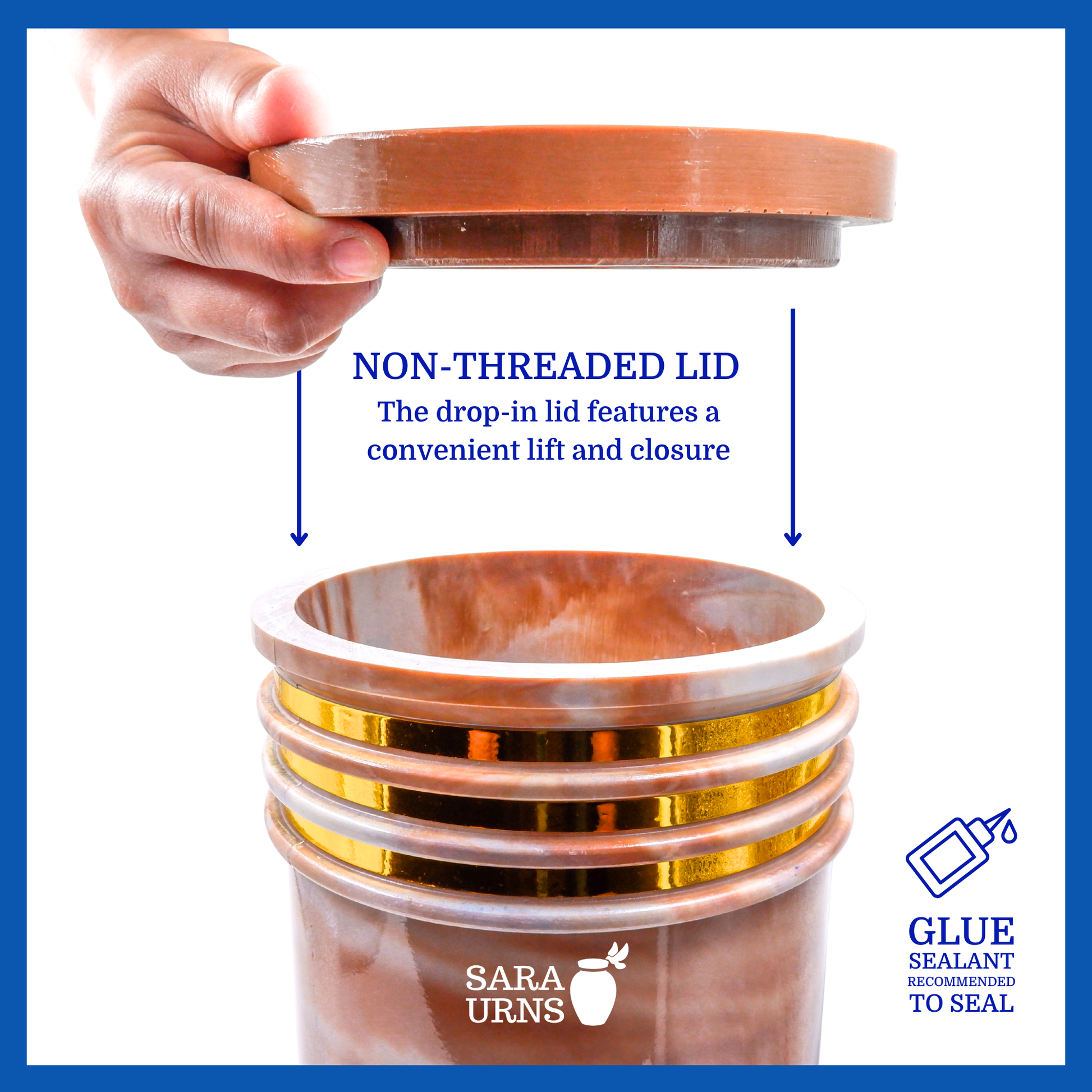 A presentation of a brown cultured marble urn’s non-threaded lid which highlights its accessibility.