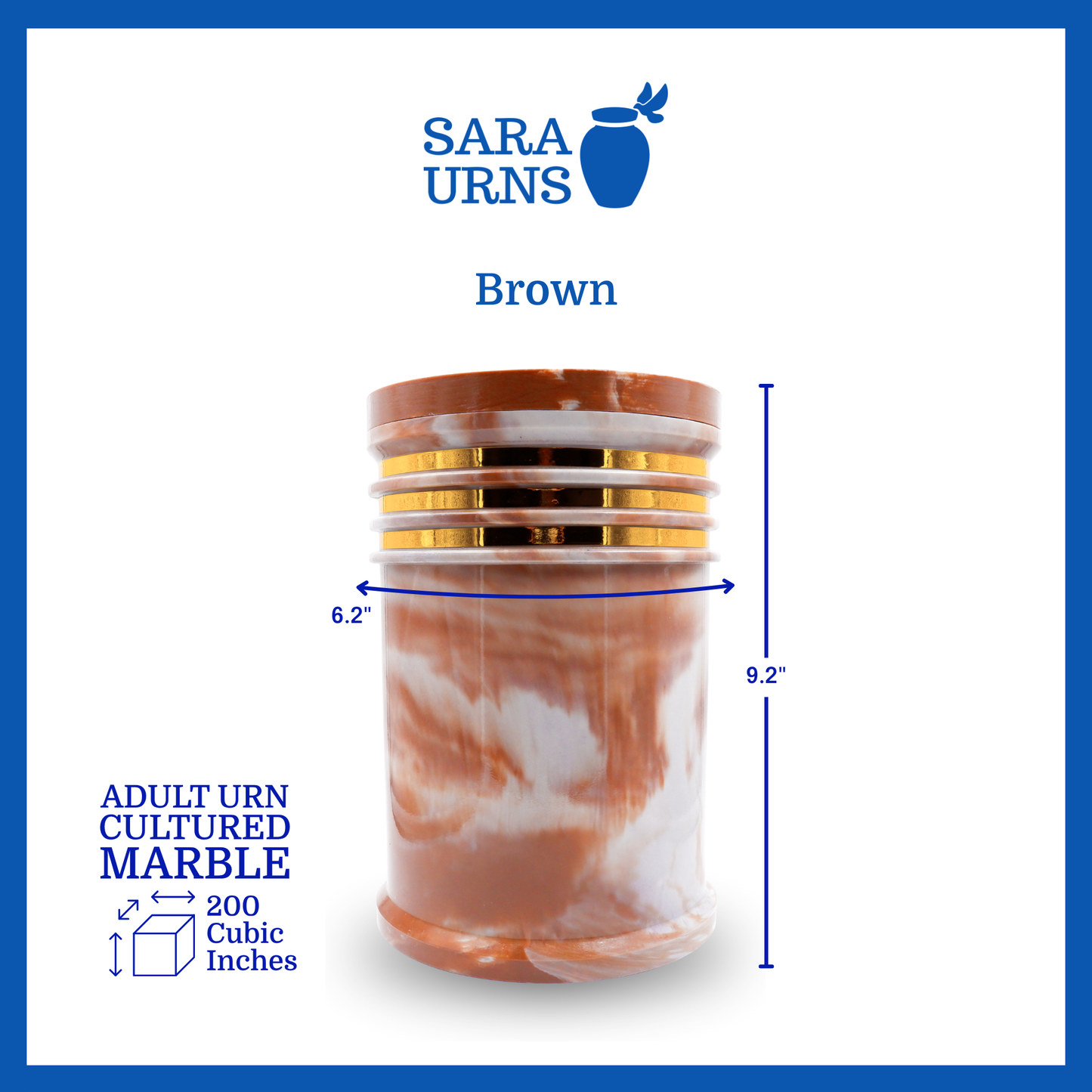 A brown cultured marble urn that is specified as 6.2 inches in diameter, 9.2 inches tall and is 200 cubic inches.