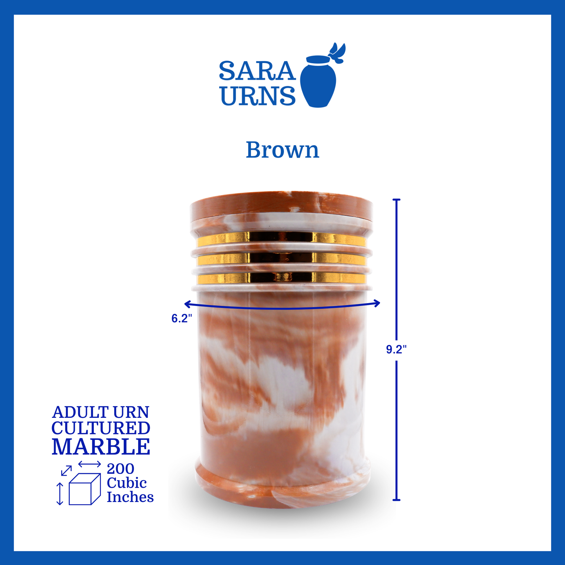 A brown cultured marble urn that is specified as 6.2 inches in diameter, 9.2 inches tall and is 200 cubic inches.