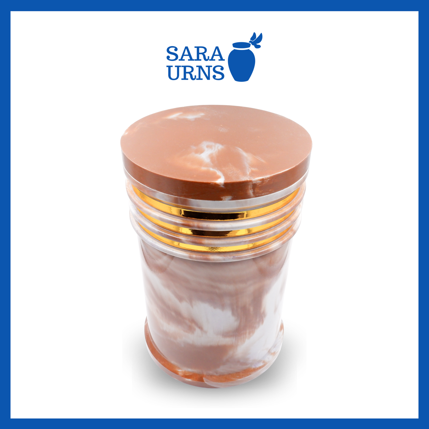 A higher angle of a brown polished cultured marble urn with an abstract, liquid marble pattern and gold detail over a white background.