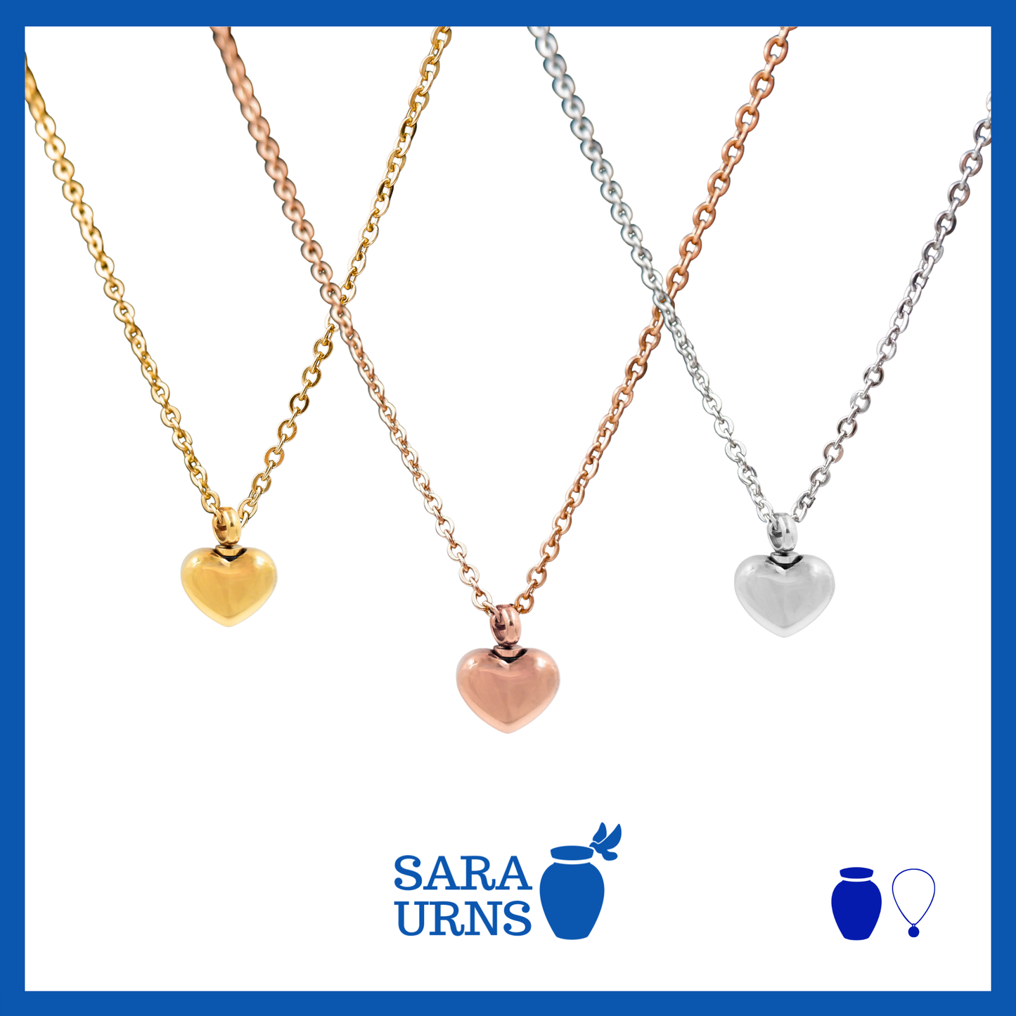 A presentation of gold, silver and rose gold ash necklaces that are heart-shaped over a white background.