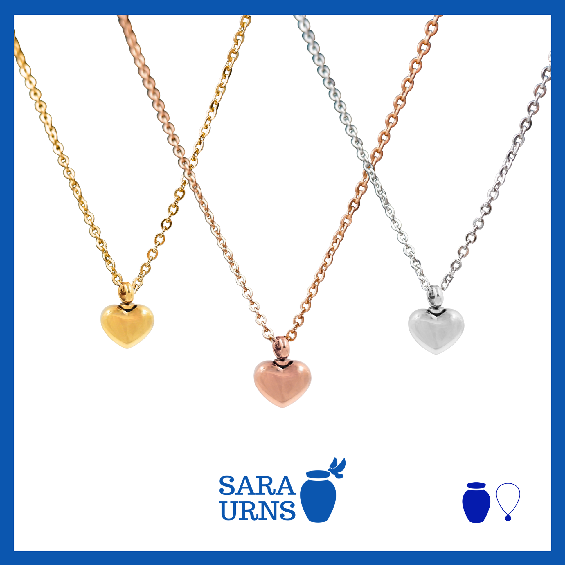 A presentation of gold, silver and rose gold ash necklaces that are heart-shaped over a white background.