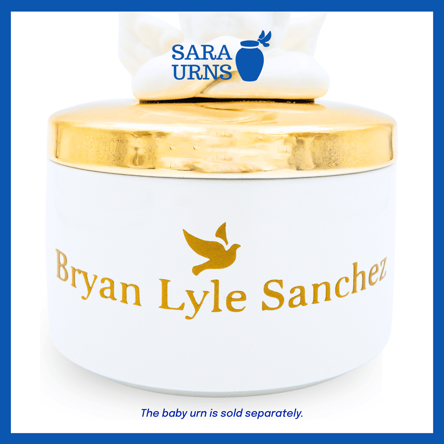 A close-up presentation of the gold name decal placed on a ceramic urn.