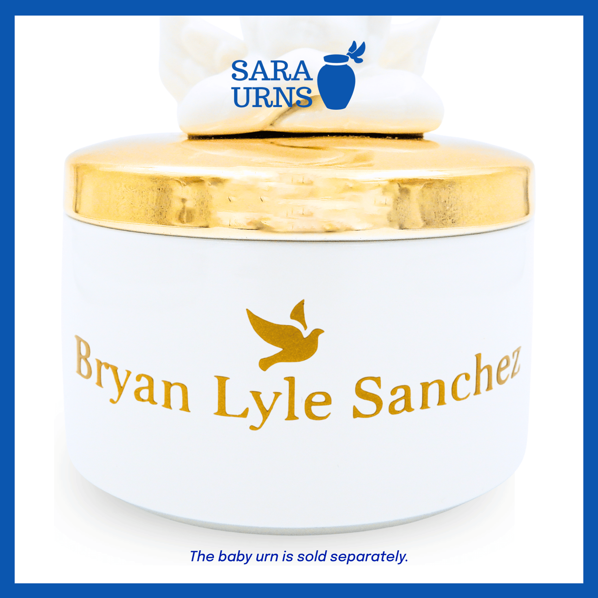 A close-up presentation of the gold name decal placed on a ceramic urn.