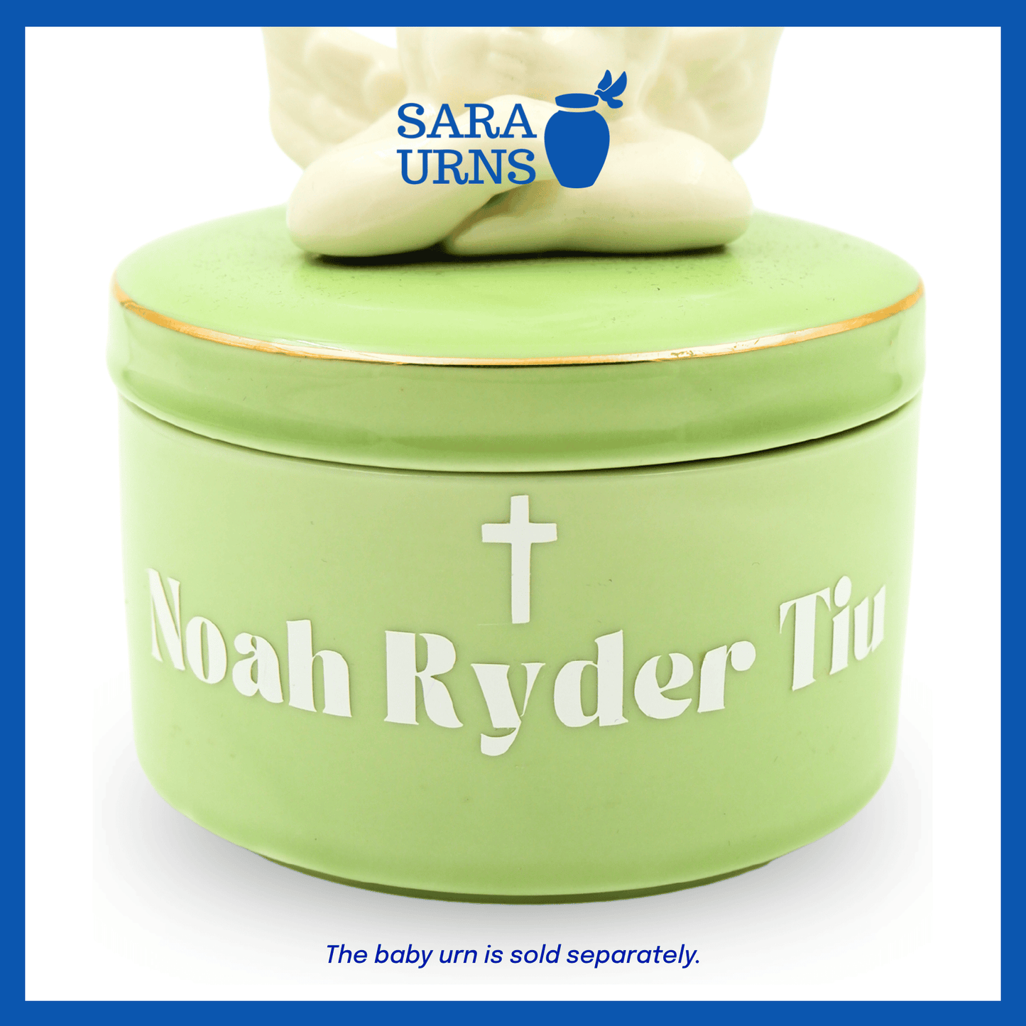A close-up presentation of the white name decal placed on a ceramic urn.