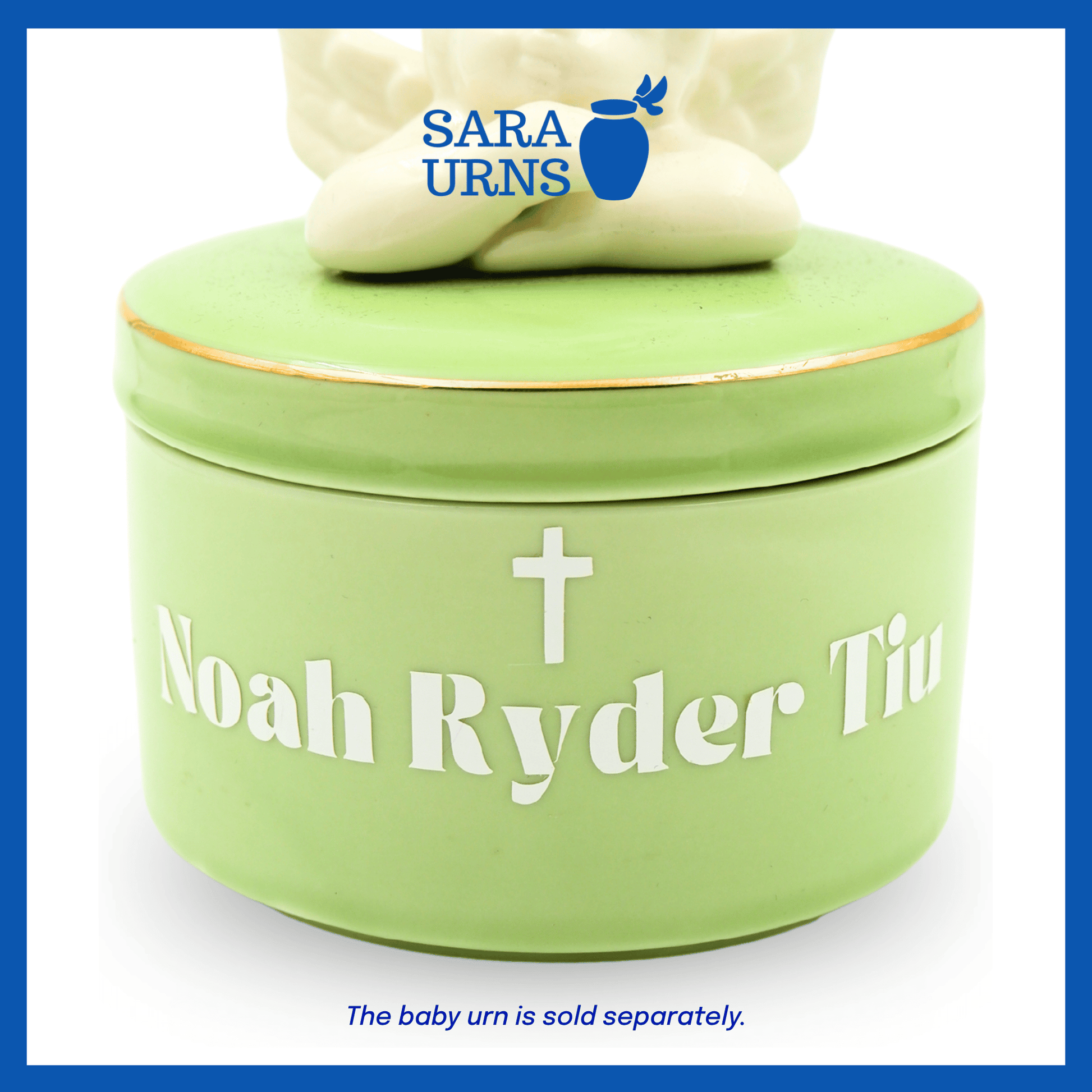 A close-up presentation of the white name decal placed on a ceramic urn.