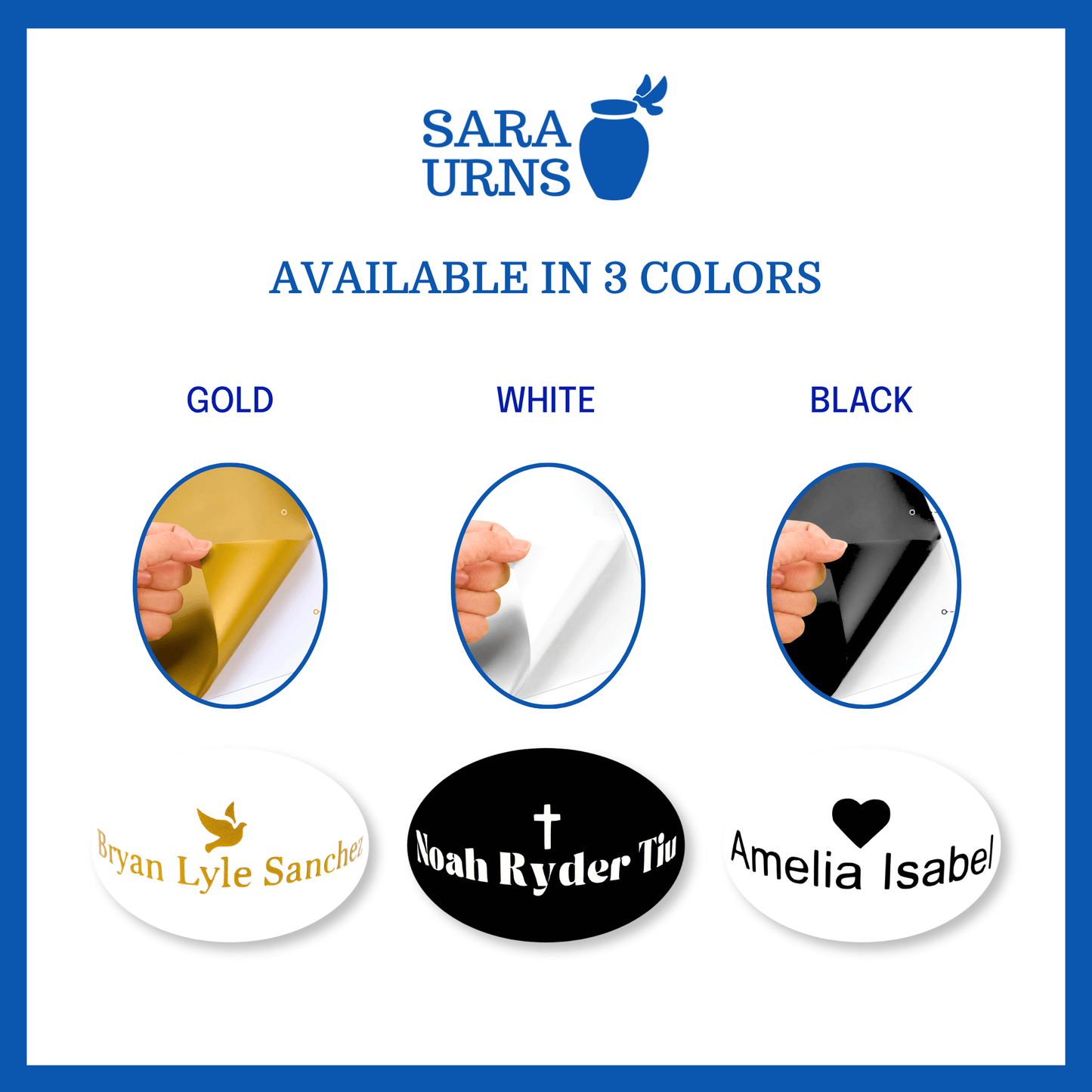 A presentation of the color selections of gold, white, black for the custom name decals.