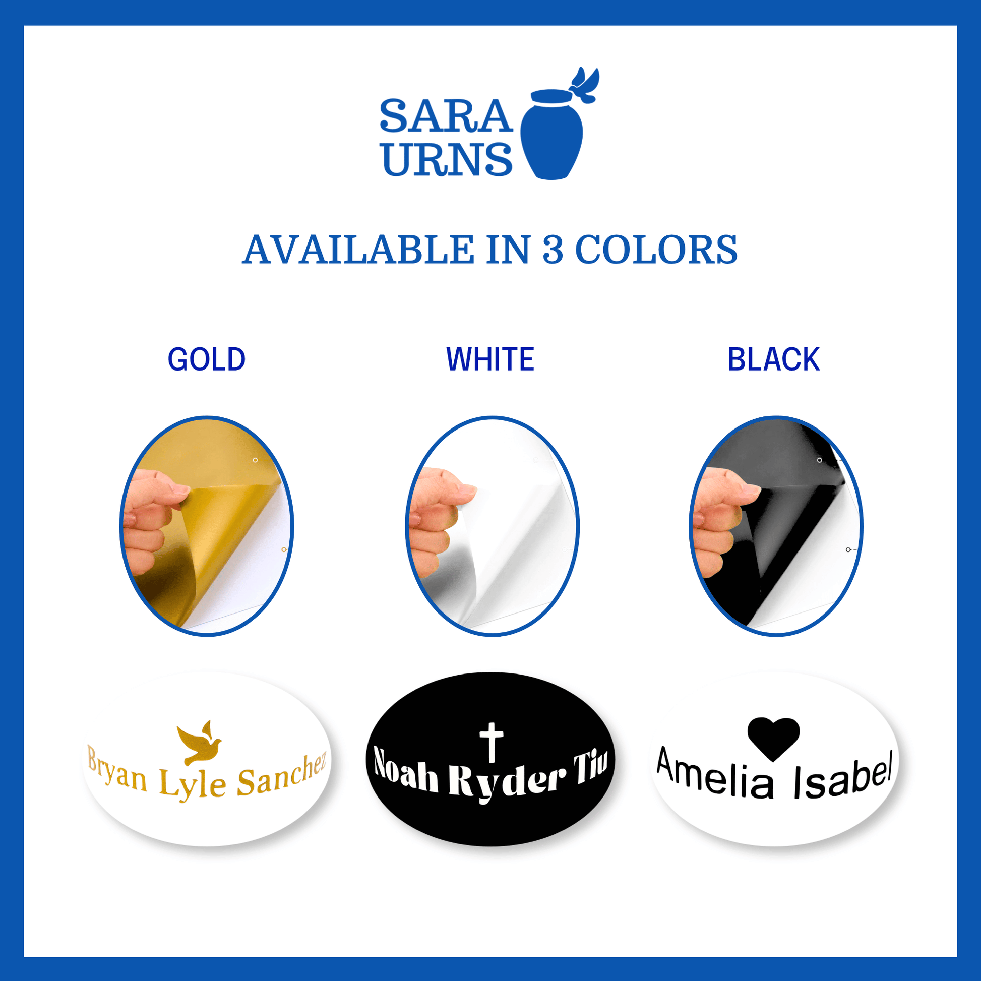A presentation of the color selections of gold, white, black for the custom name decals.