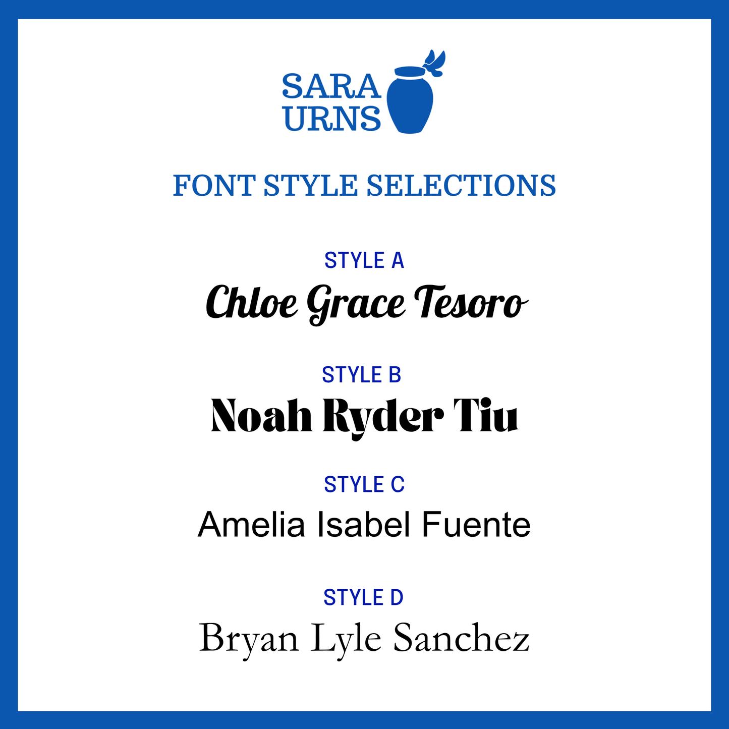 A selection of font styles in Style A, B, C and D for the custom name decals.