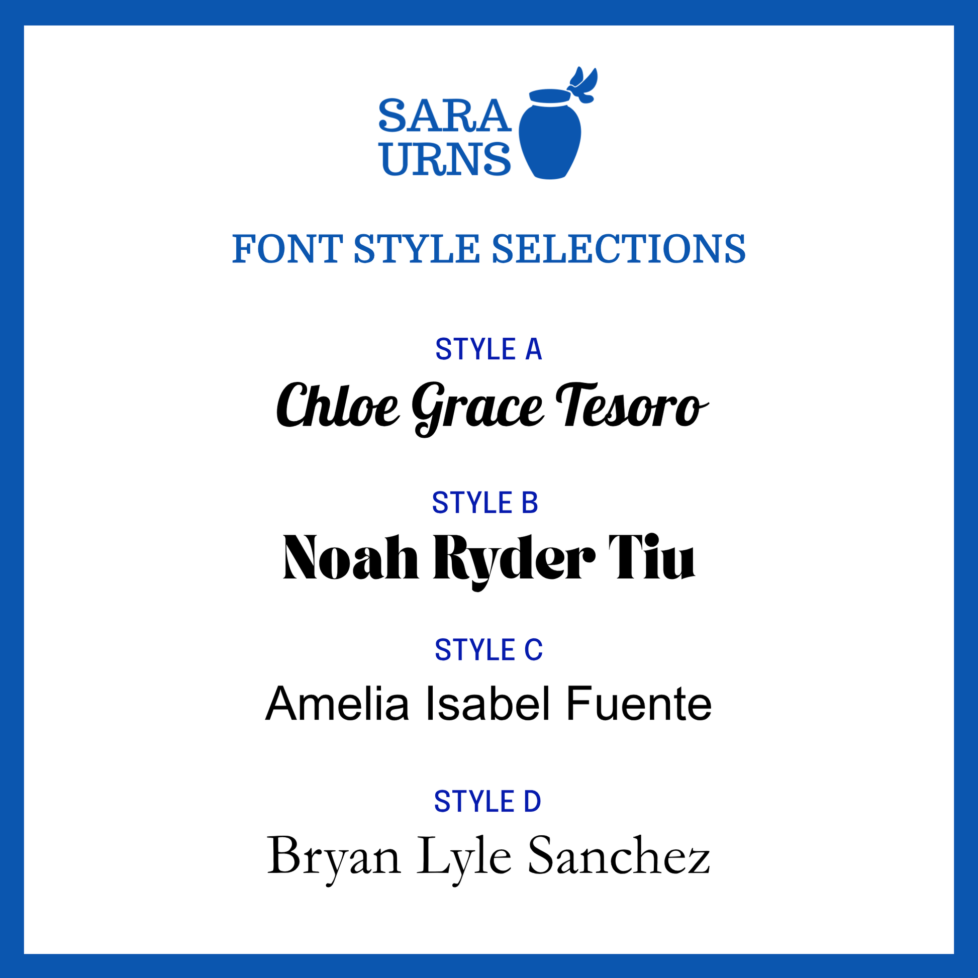 A selection of font styles in Style A, B, C and D for the custom name decals.