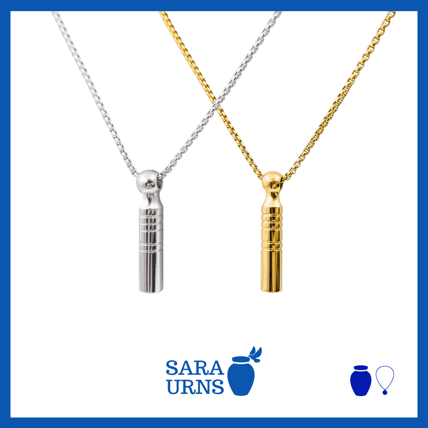 A presentation of a stainless steel gold and silver ash necklace that is plain and cylinder-shaped over a white background.