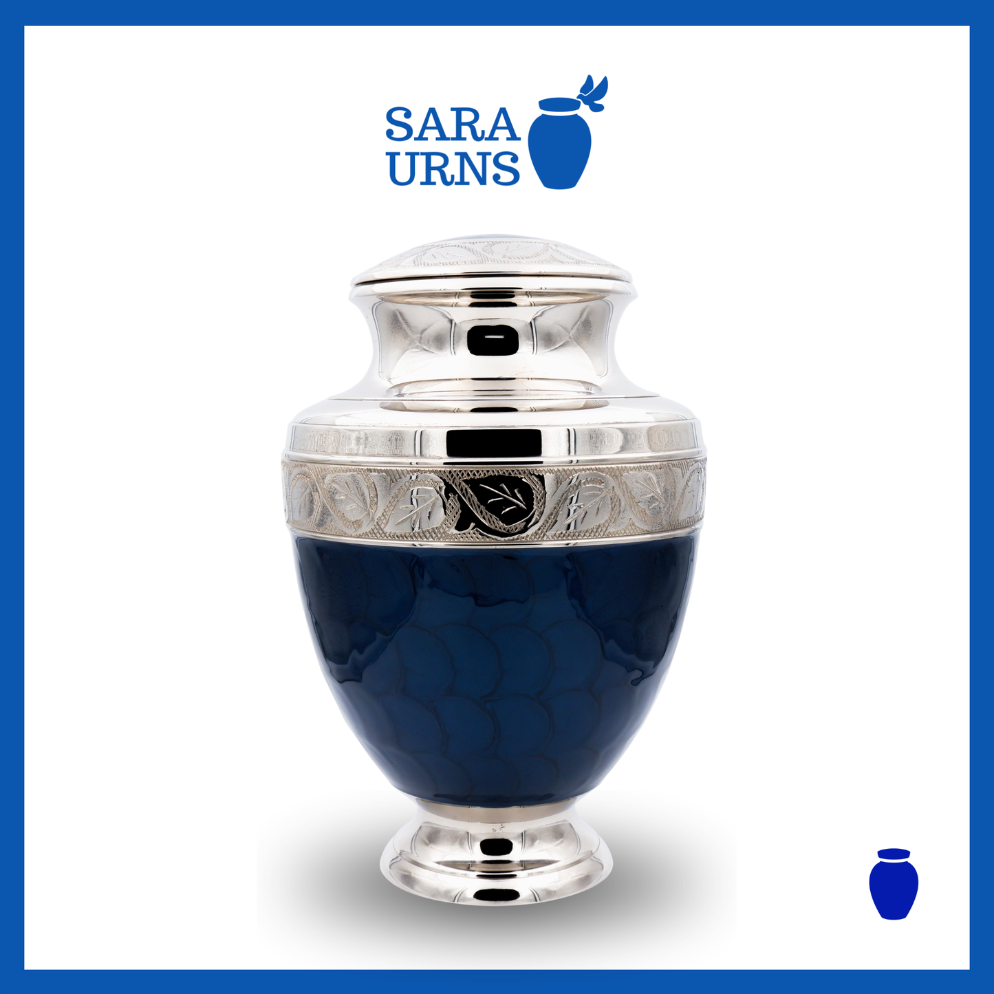 A dark blue polished brass metal urn with an enamel finish and silver hand-etched details over a white background.