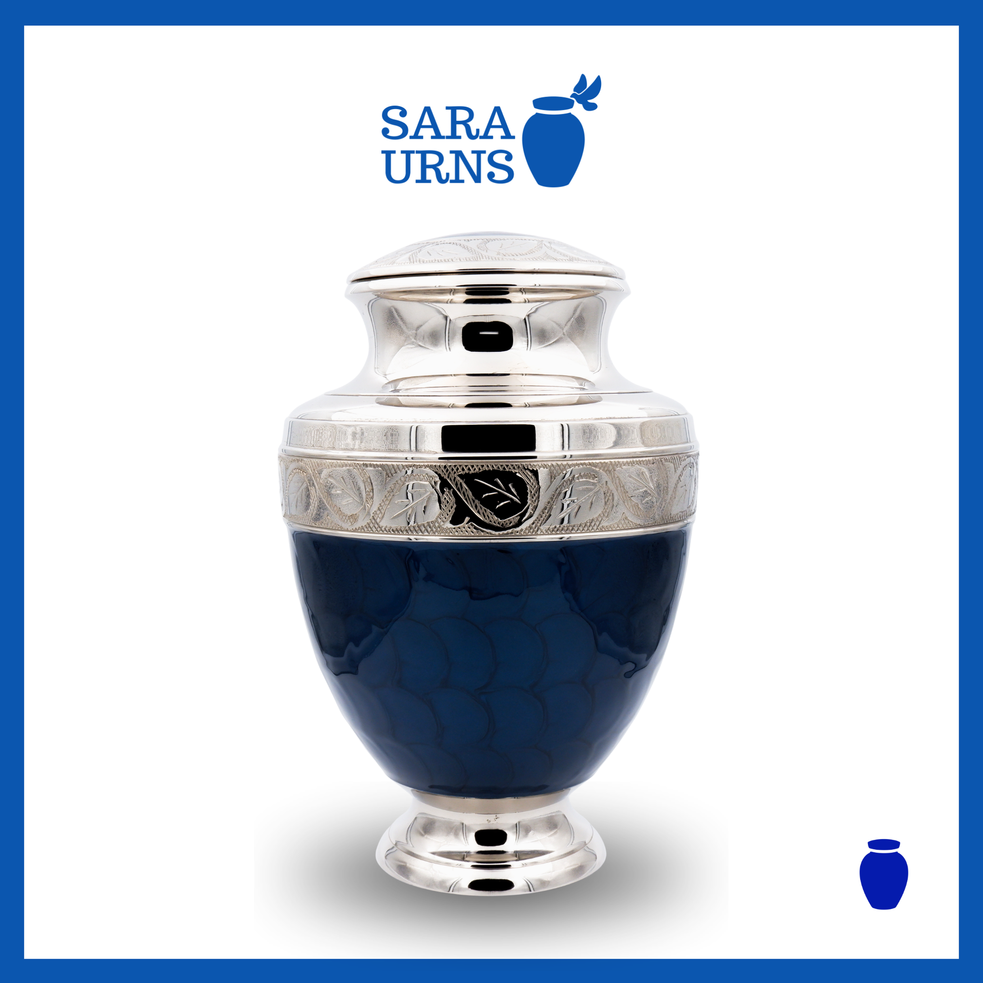 A dark blue polished brass metal urn with an enamel finish and silver hand-etched details over a white background.