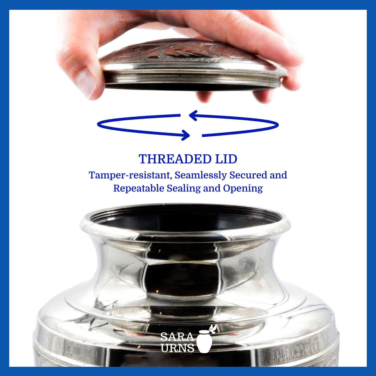 A presentation of a dark blue polished brass metal urn’s threaded lid which highlights its safety and security.