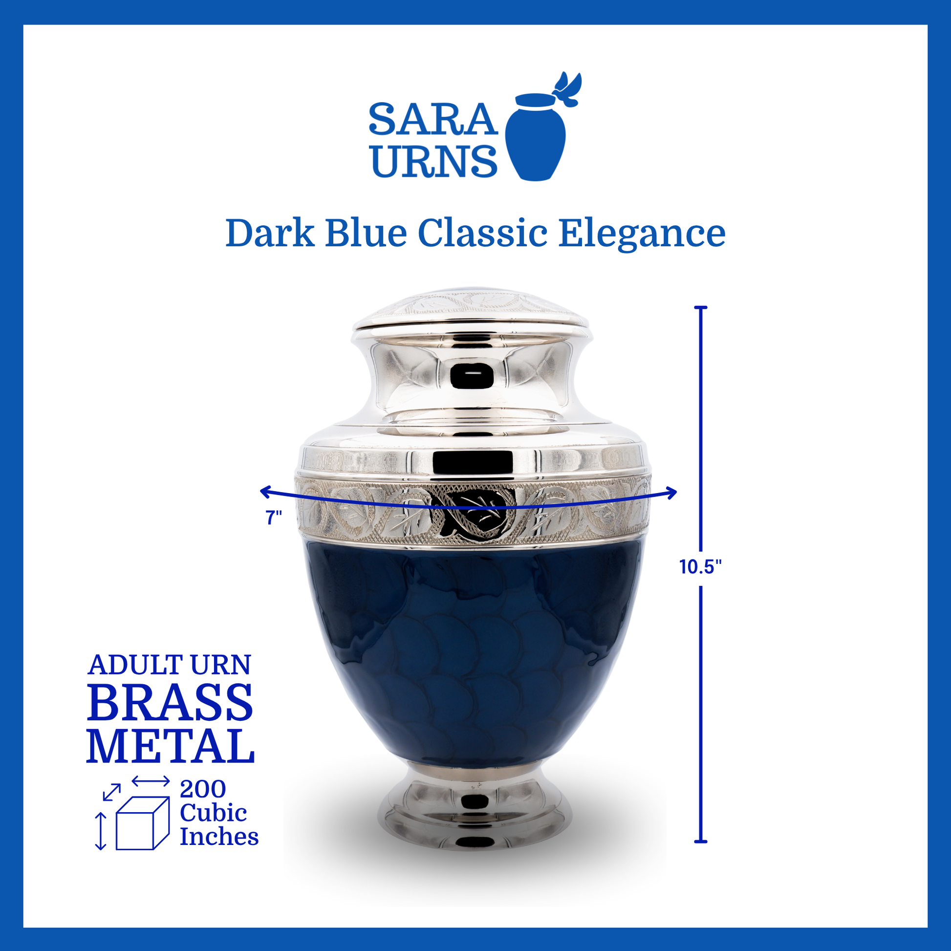 A dark blue polished brass metal urn that is specified as 7 inches in diameter, 10.5 inches tall and is 200 cubic inches.
