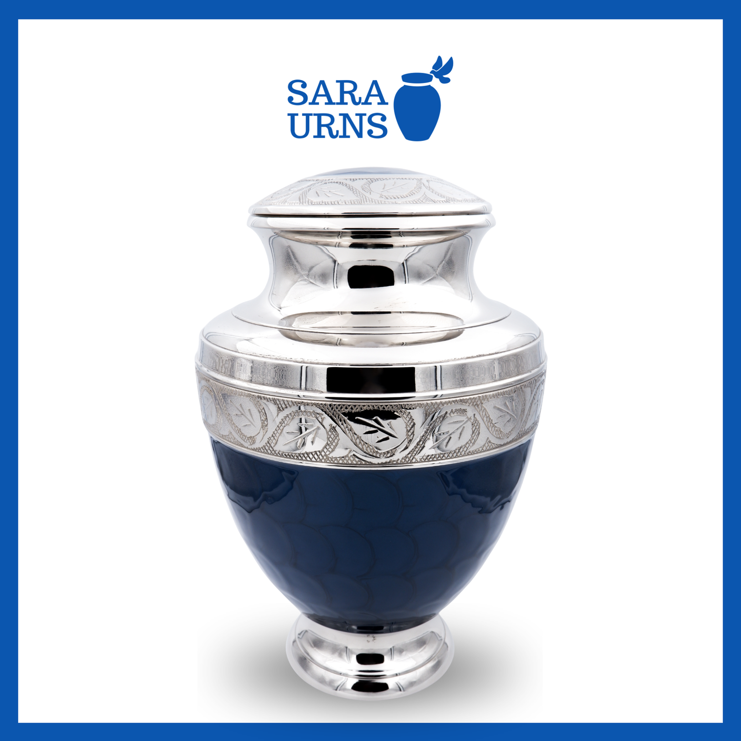 A higher angle of a dark blue polished brass metal urn with an enamel finish and silver hand-etched details over a white background.