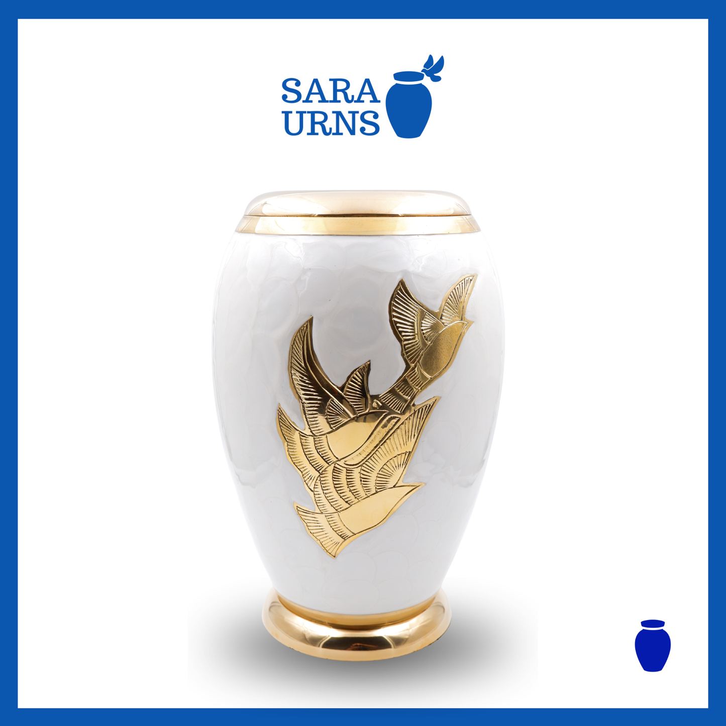 A white polished brass metal urn with golden, hand-etched winged doves over a white background.