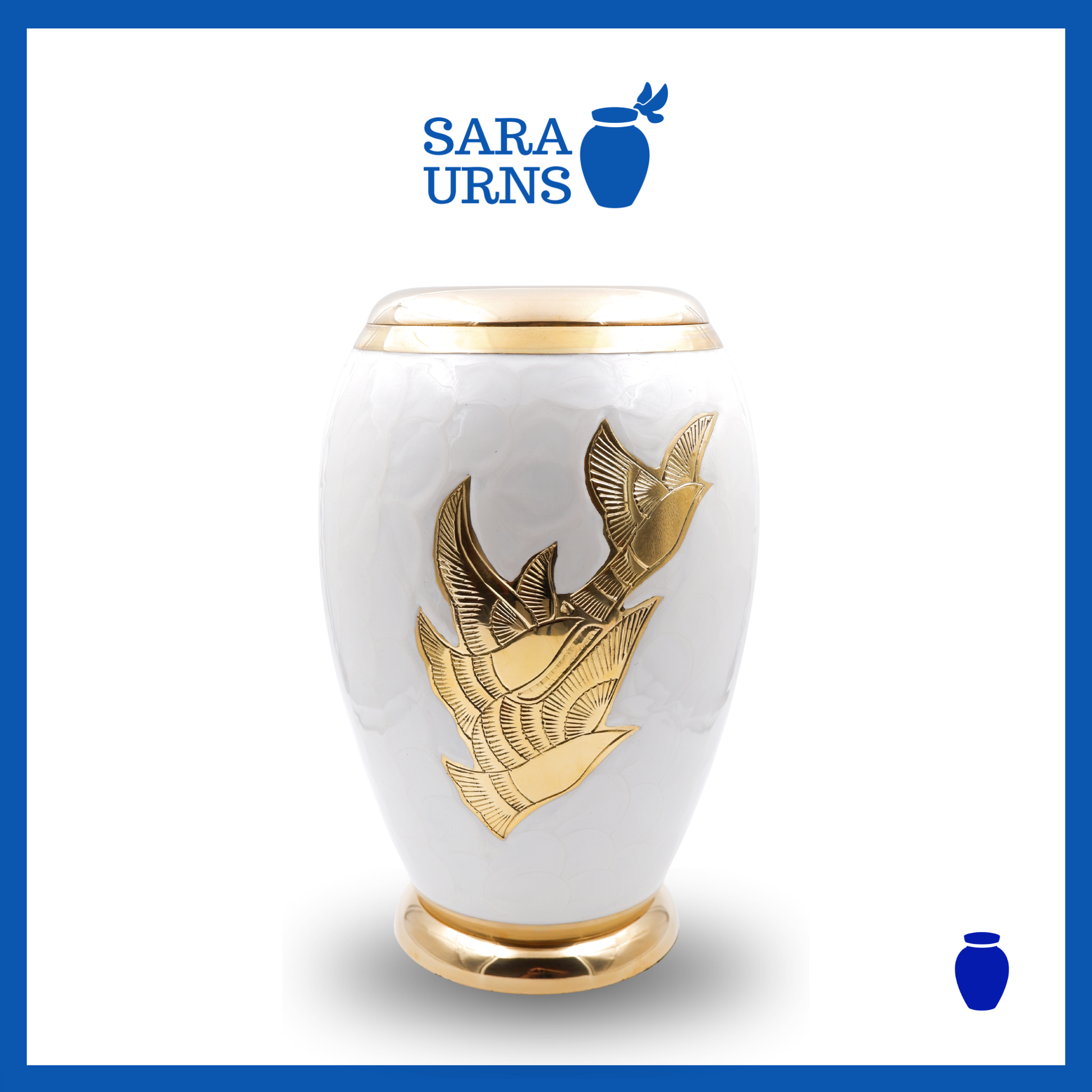 A white polished brass metal urn with golden, hand-etched winged doves over a white background.