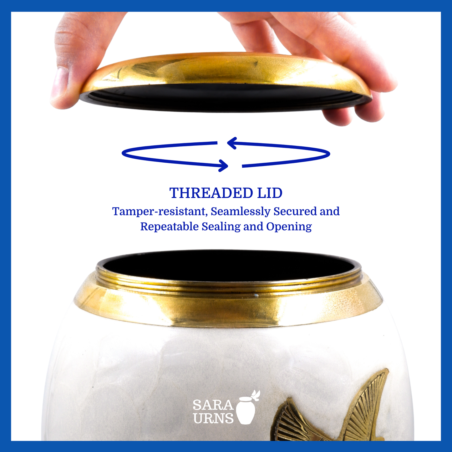 A presentation of a white polished brass metal urn’s threaded lid which highlights its safety and security.