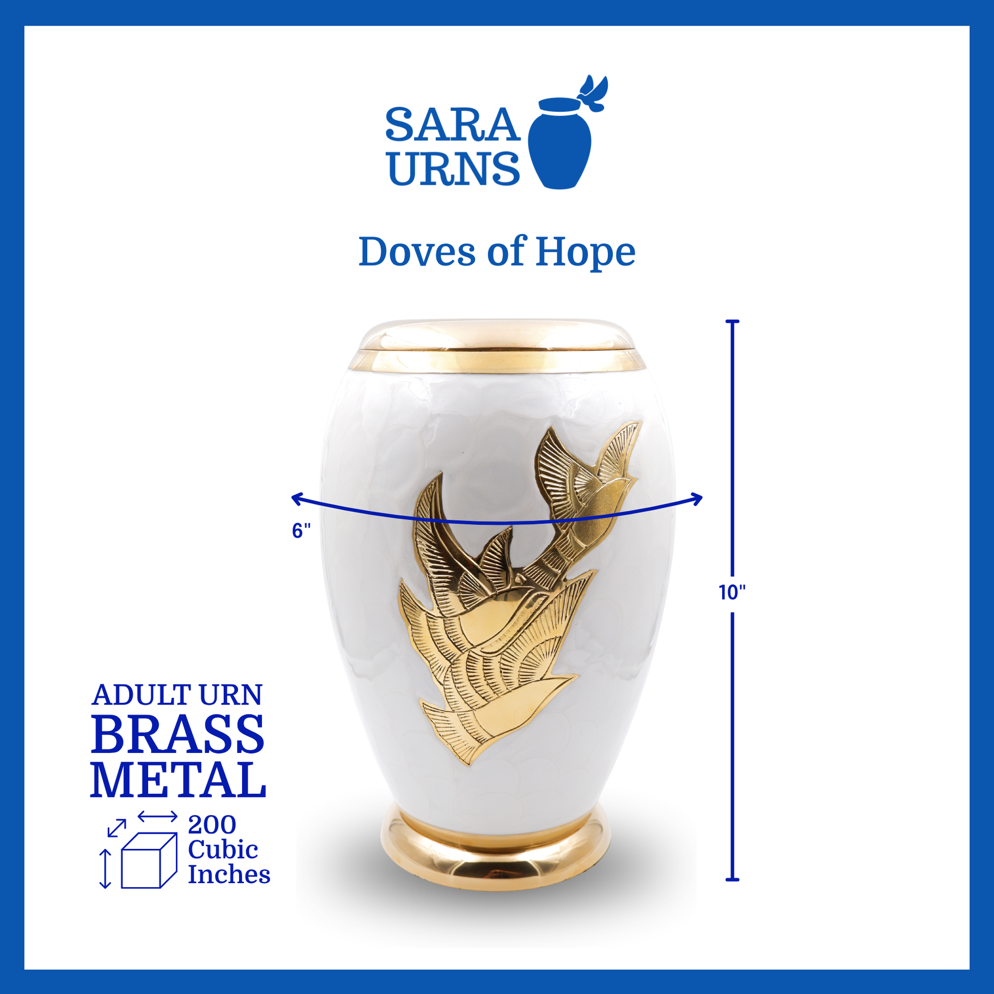 A white polished brass metal urn with golden, hand-etched winged doves that is specified as 6  inches in diameter, 10 inches tall and is 200 cubic inches.