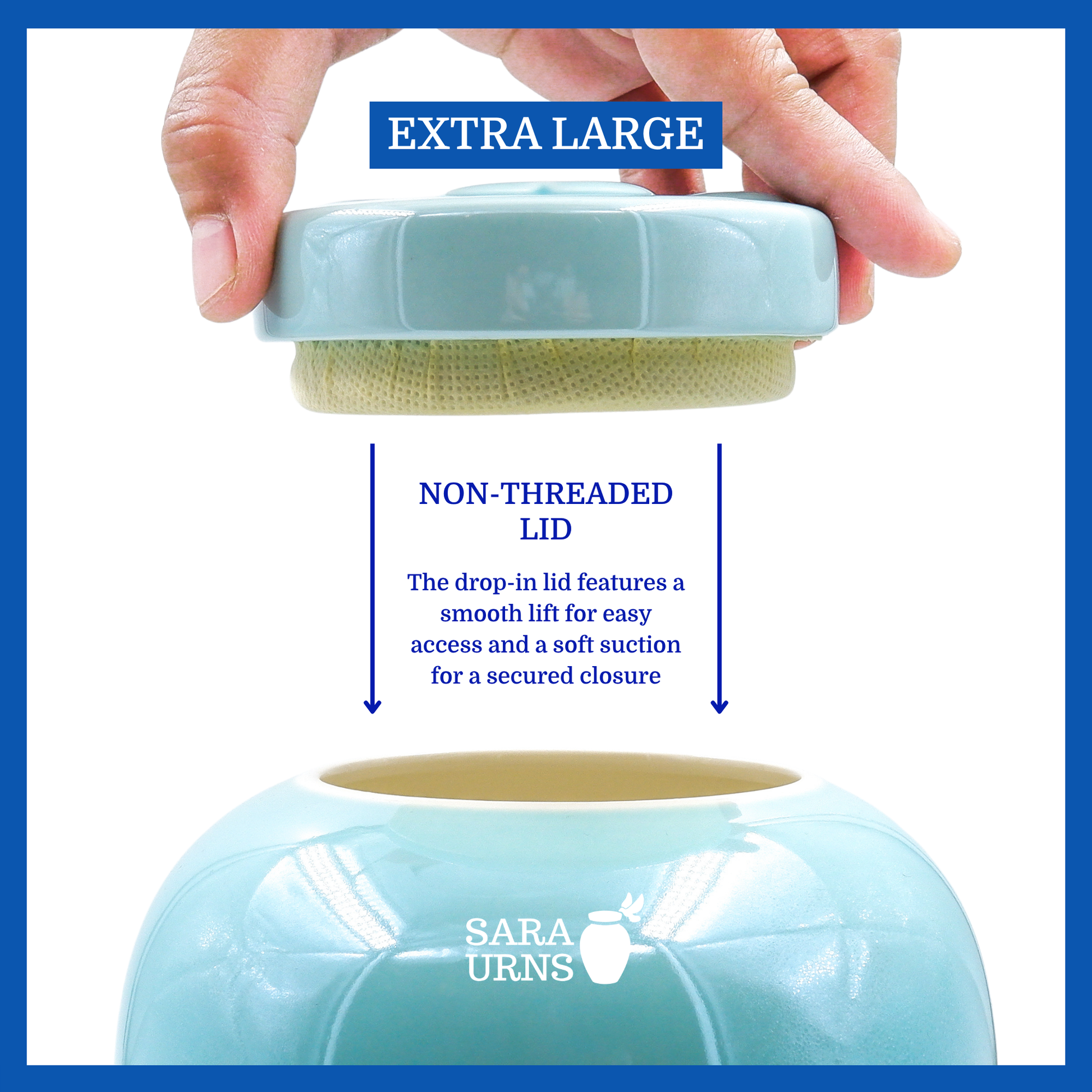 A presentation of an extra large, blue pearly ceramic pet urn’s non-threaded lid which highlights its accessibility.