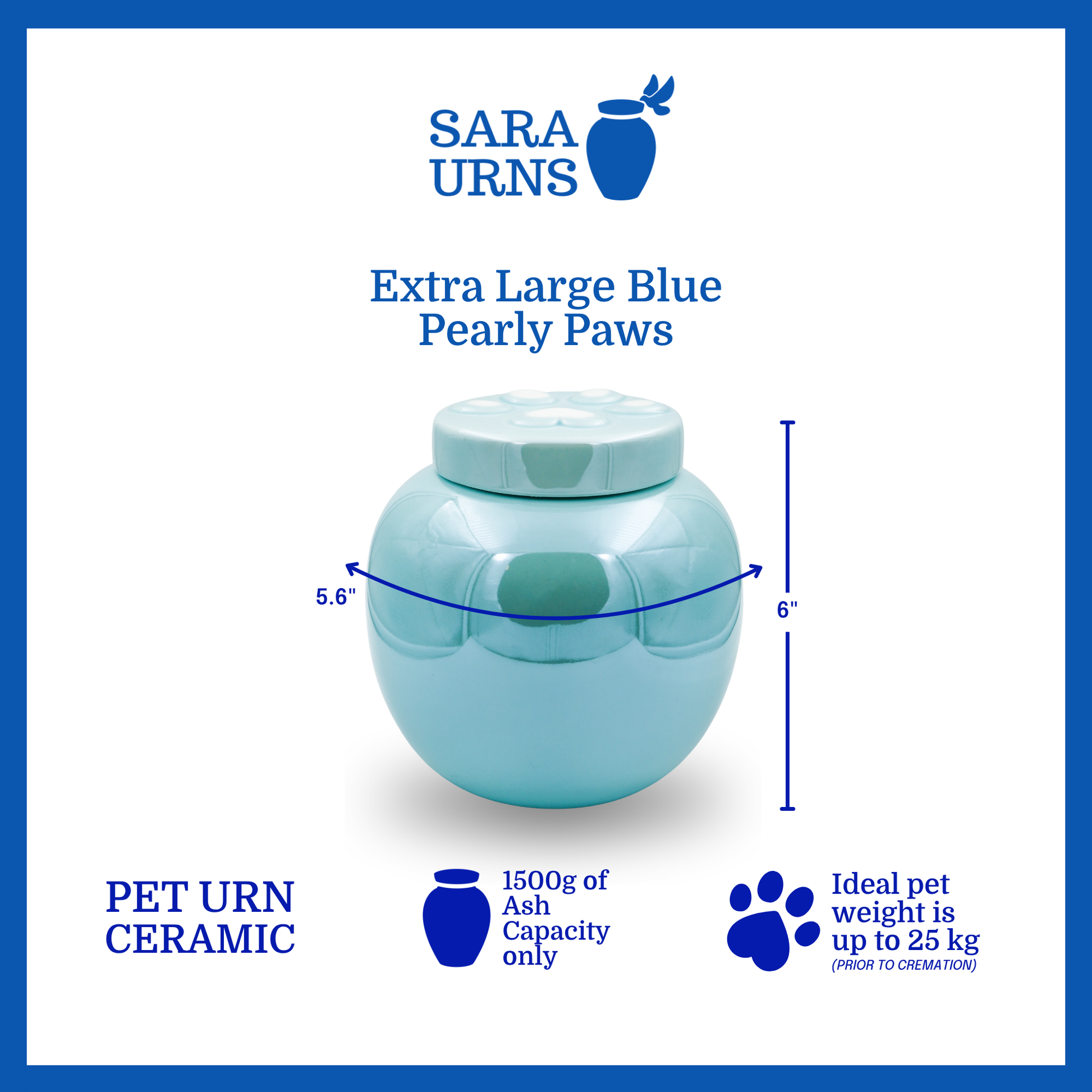 A blue ceramic pet urn that is specified as 5.6 inches in width and 6 inches tall with an ash capacity of 1,500 grams.