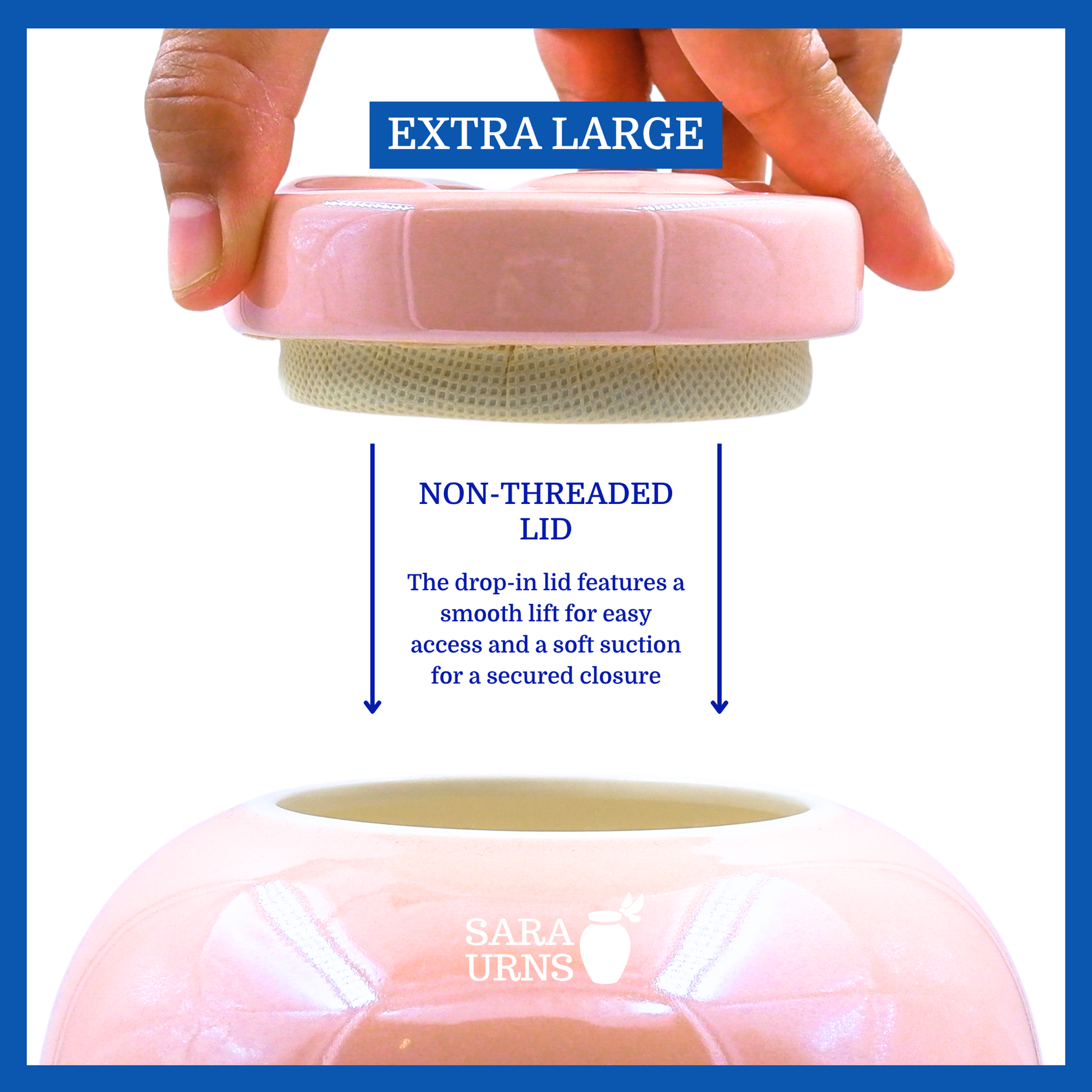 A presentation of an extra large, pink pearly ceramic pet urn’s non-threaded lid which highlights its accessibility.