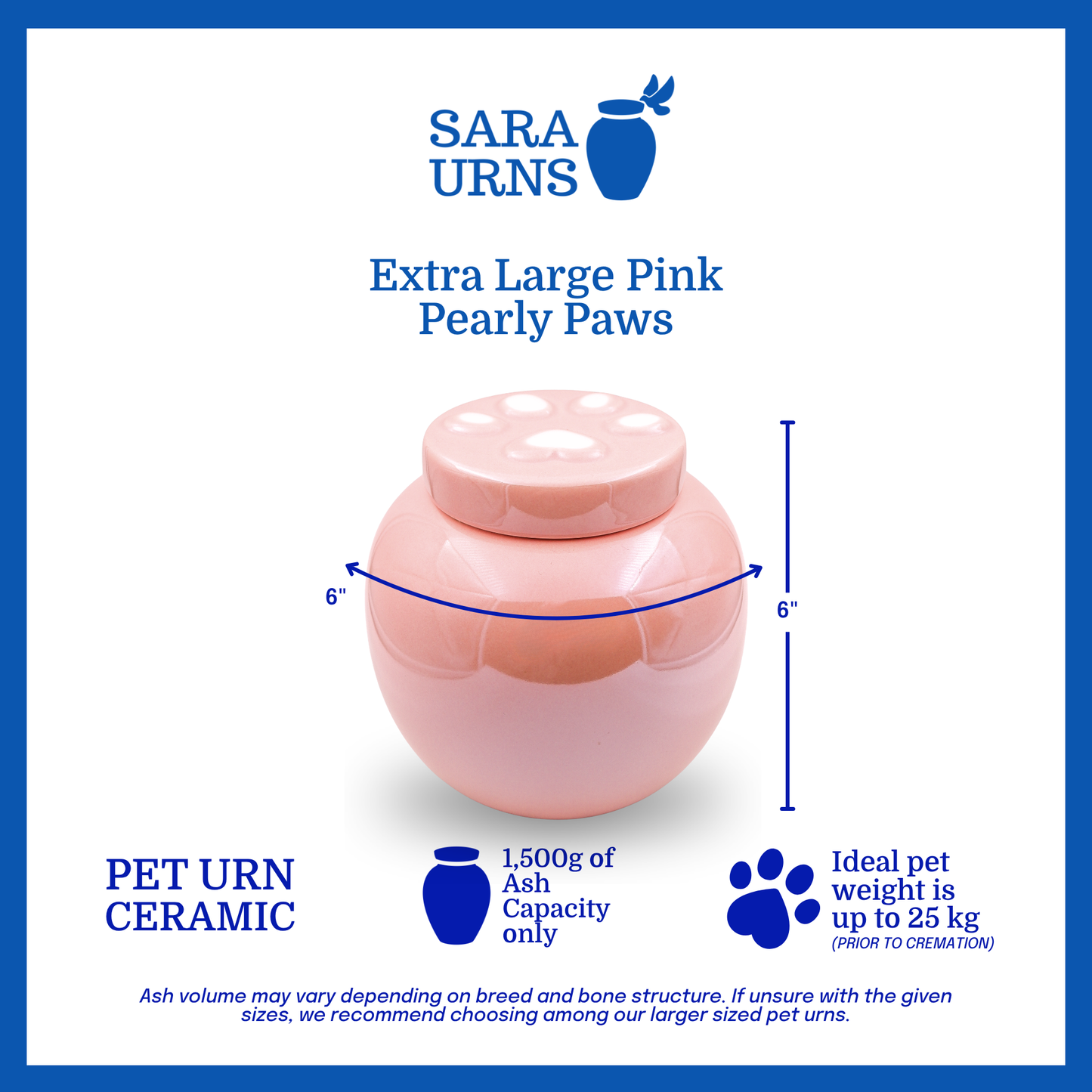 An extra large, pink ceramic pet urn that is specified as 6 inches in width and 6 inches tall with an ash capacity of 1,500 grams.