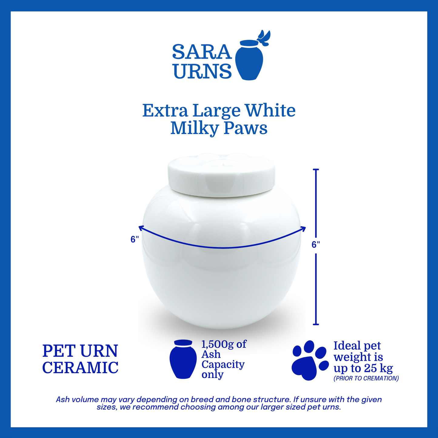 An extra large, white ceramic pet urn that is specified as 6 inches in width and 6 inches tall with an ash capacity of 1,500 grams.