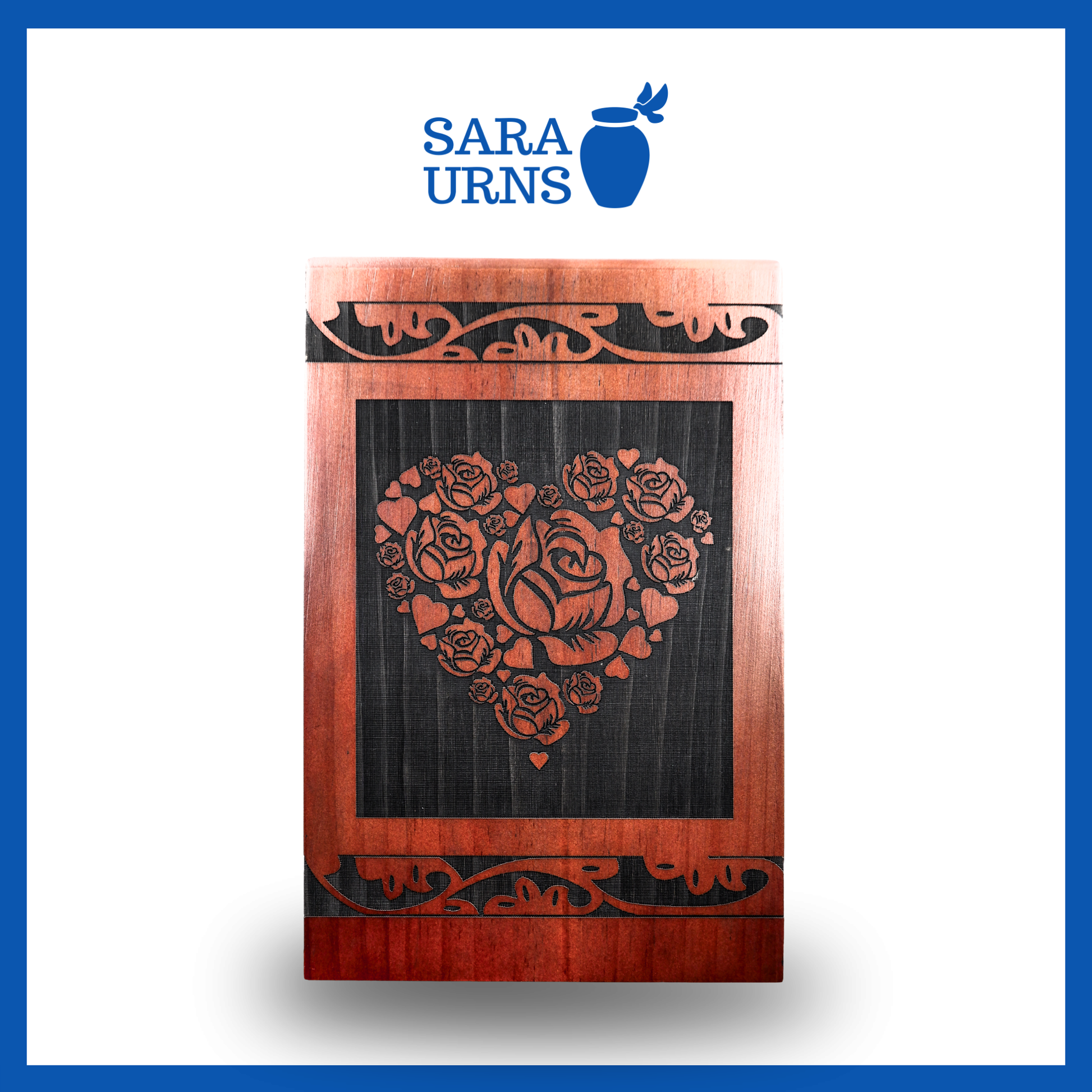 A front-facing shot of a terracotta pine wooden urn with an intricate engraving of roses within a heart over a white background.