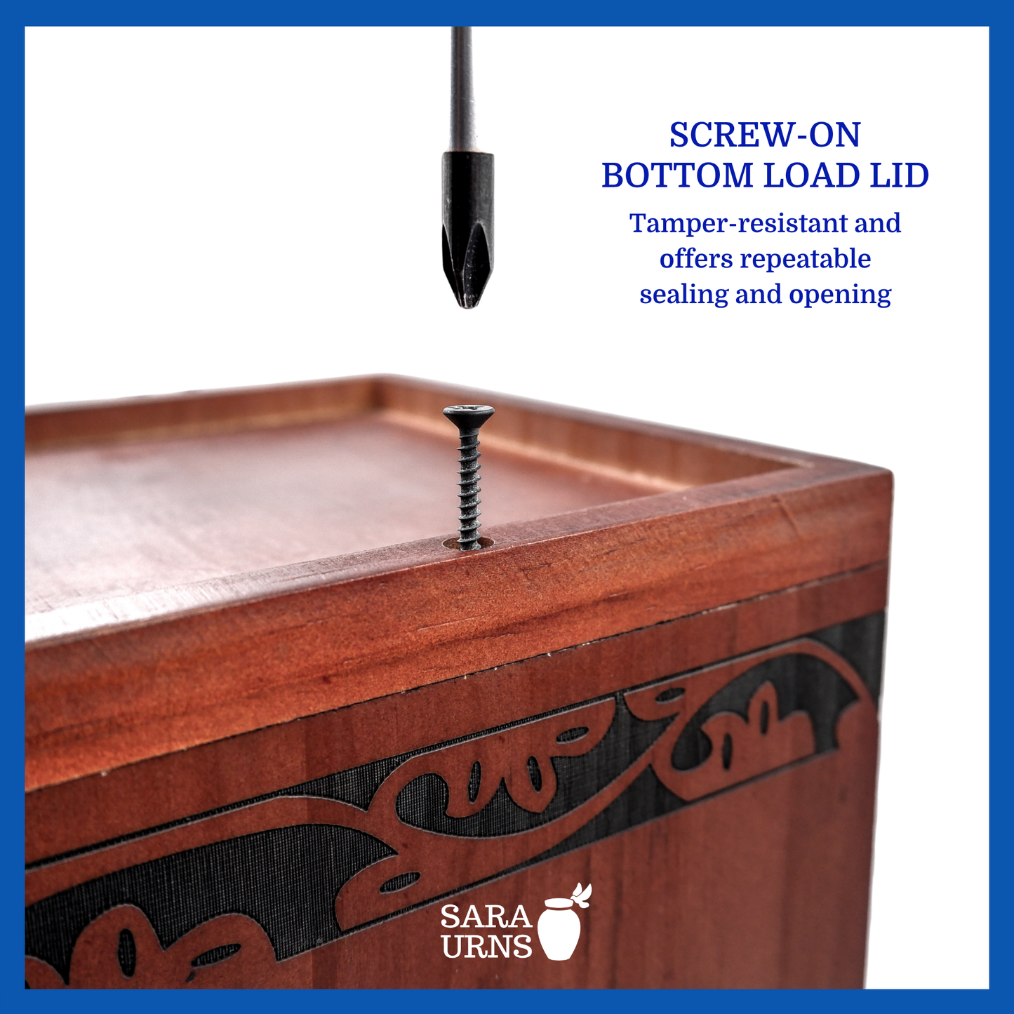 A presentation of a terracotta pine wooden urn’s screw-type lid which highlights its safety and security.