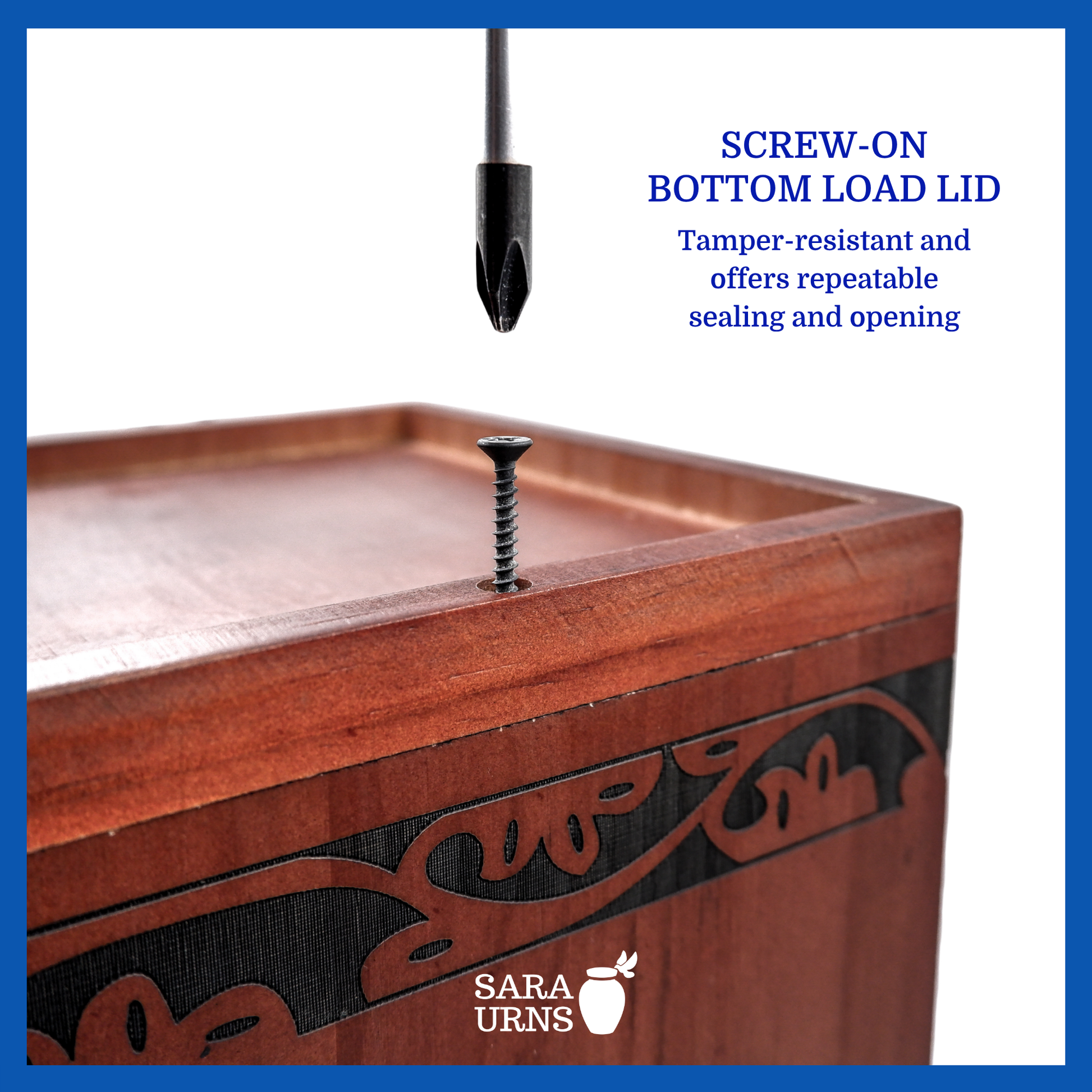 A presentation of a terracotta pine wooden urn’s screw-type lid which highlights its safety and security.