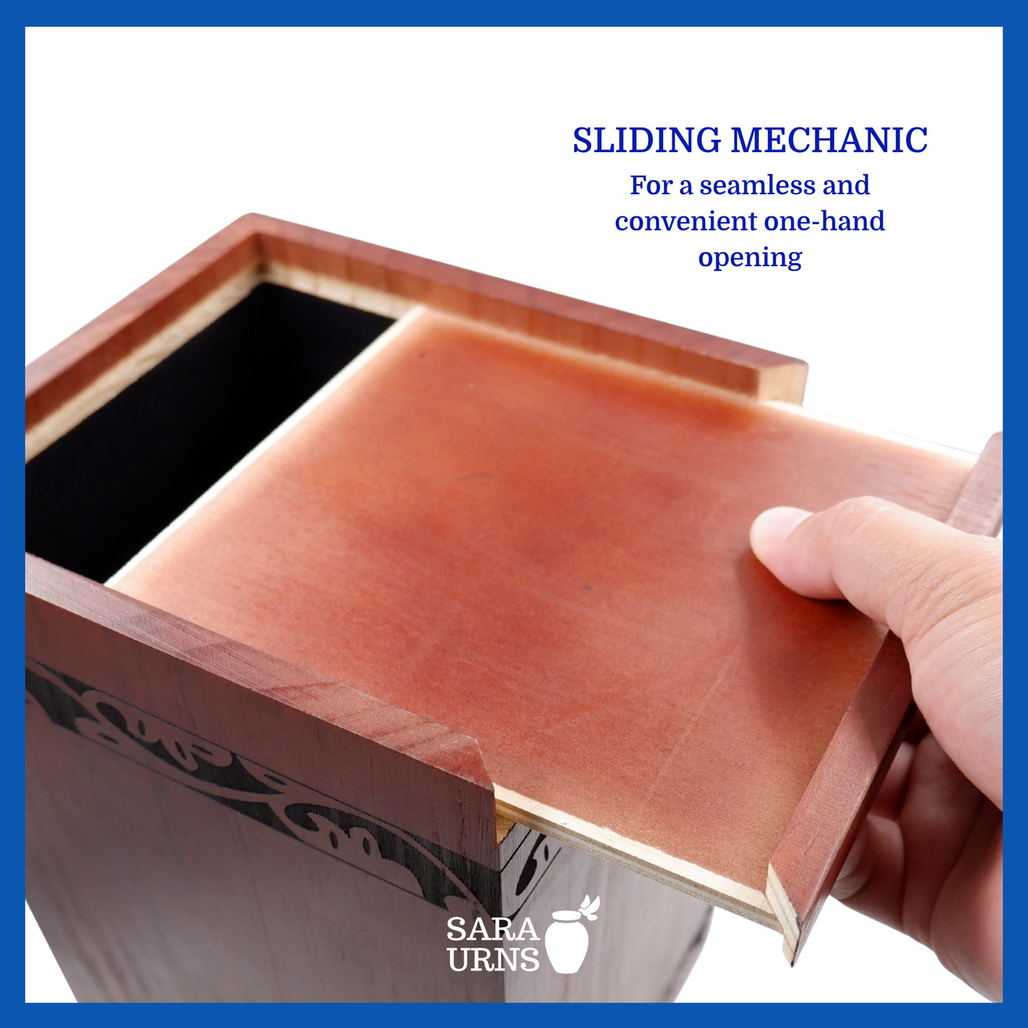 A presentation of a terracotta pine wooden urn’s sliding mechanic which highlights its seamless security.