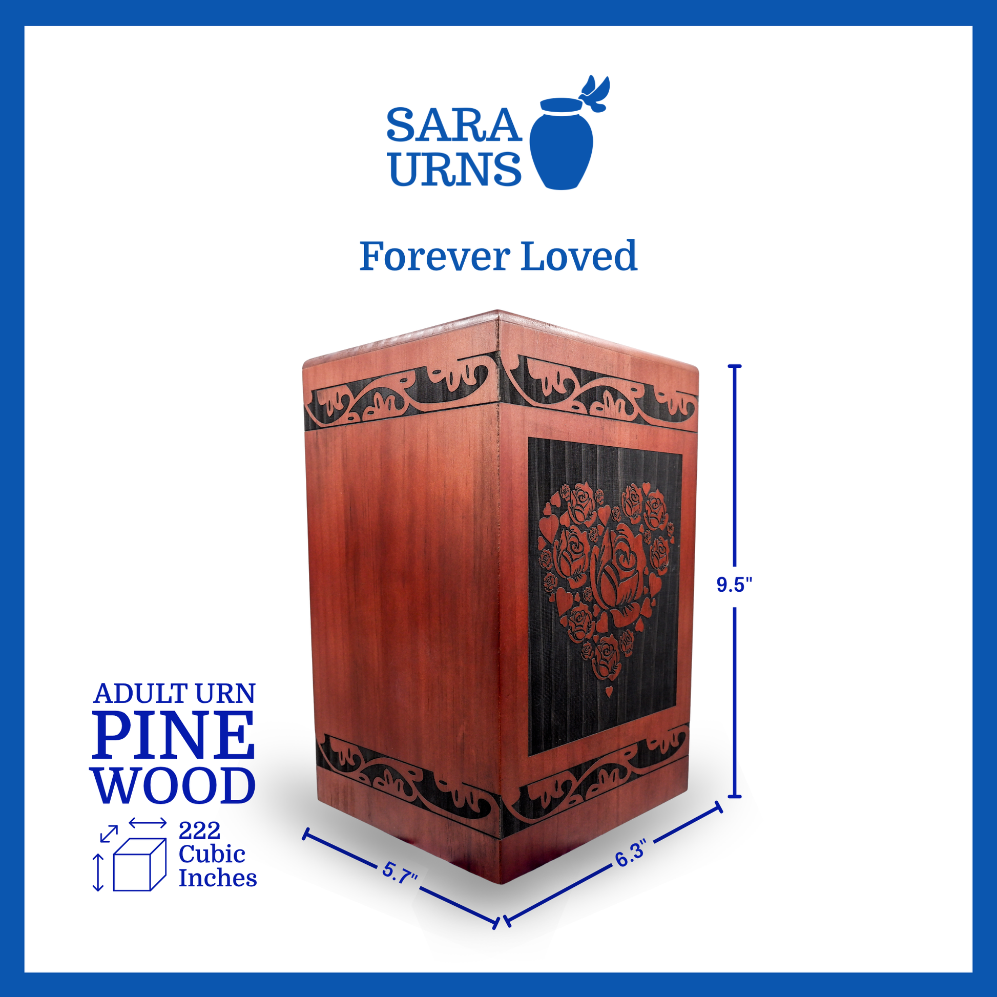 A terracotta pine wooden urn that is specified as 9.5 inches in height, 5.7 inches in width, 6.3 inches in length and is 222 cubic inches.