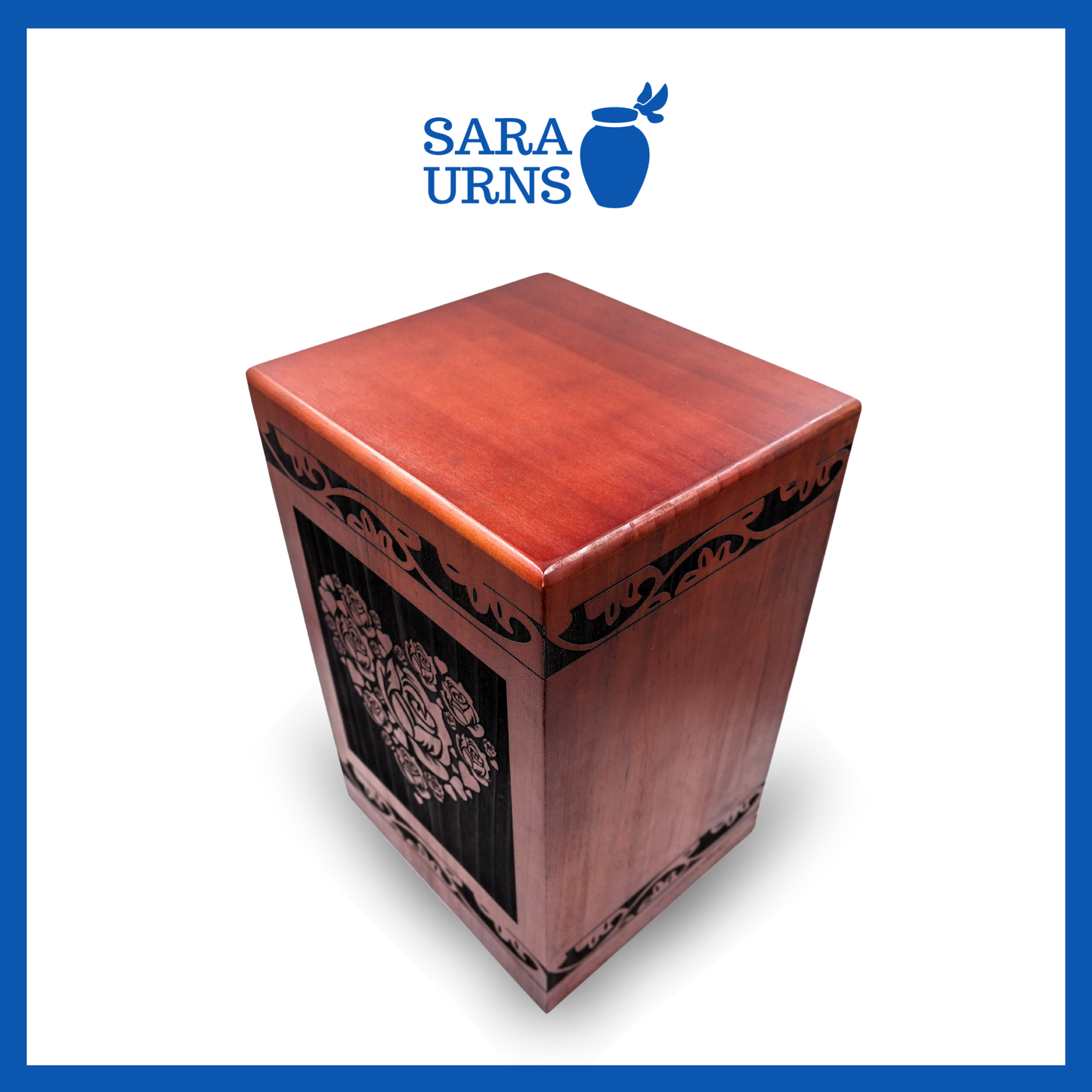 A second, higher angle of a terracotta pine wooden urn with an intricate engraving of roses within a heart over a white background.