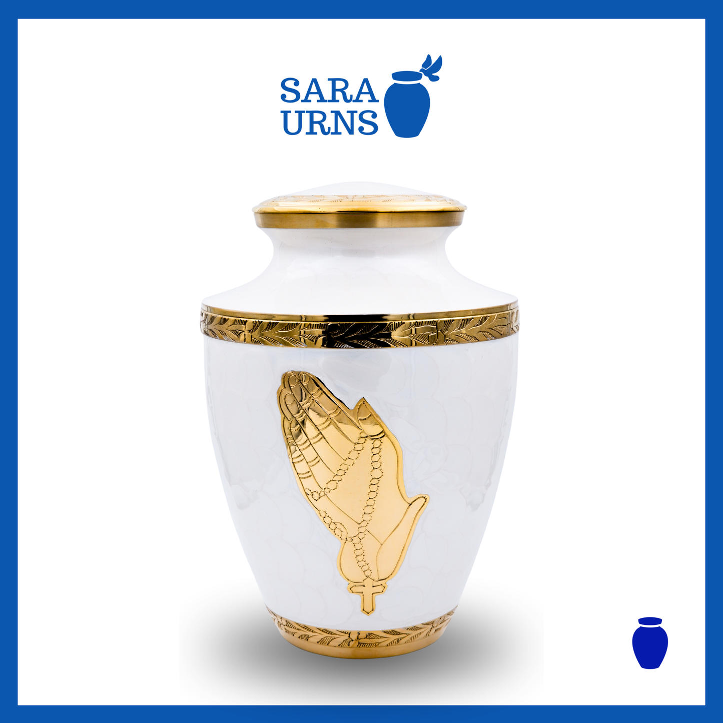 A white polished brass metal urn with hand-etched golden praying hands and details over a white background.