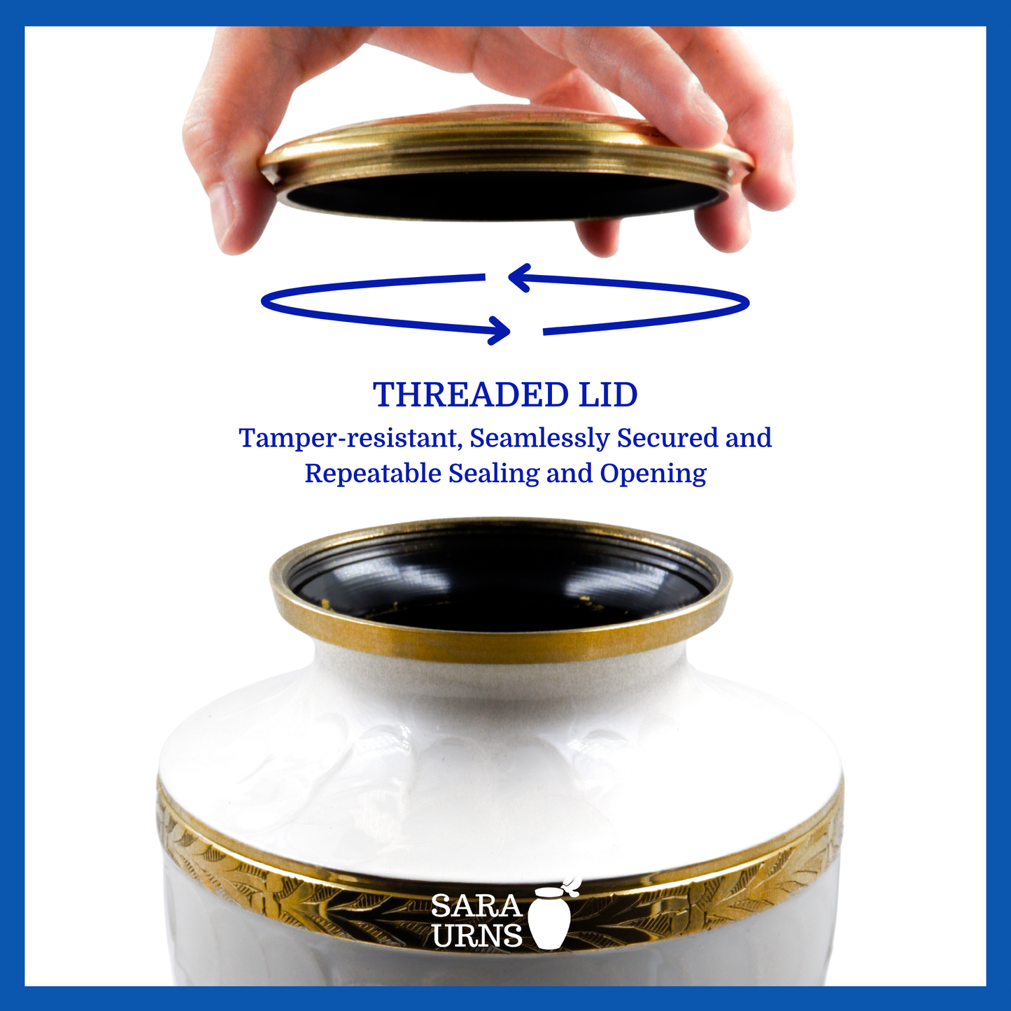 A presentation of a white polished brass metal urn’s threaded lid which highlights its safety and security.